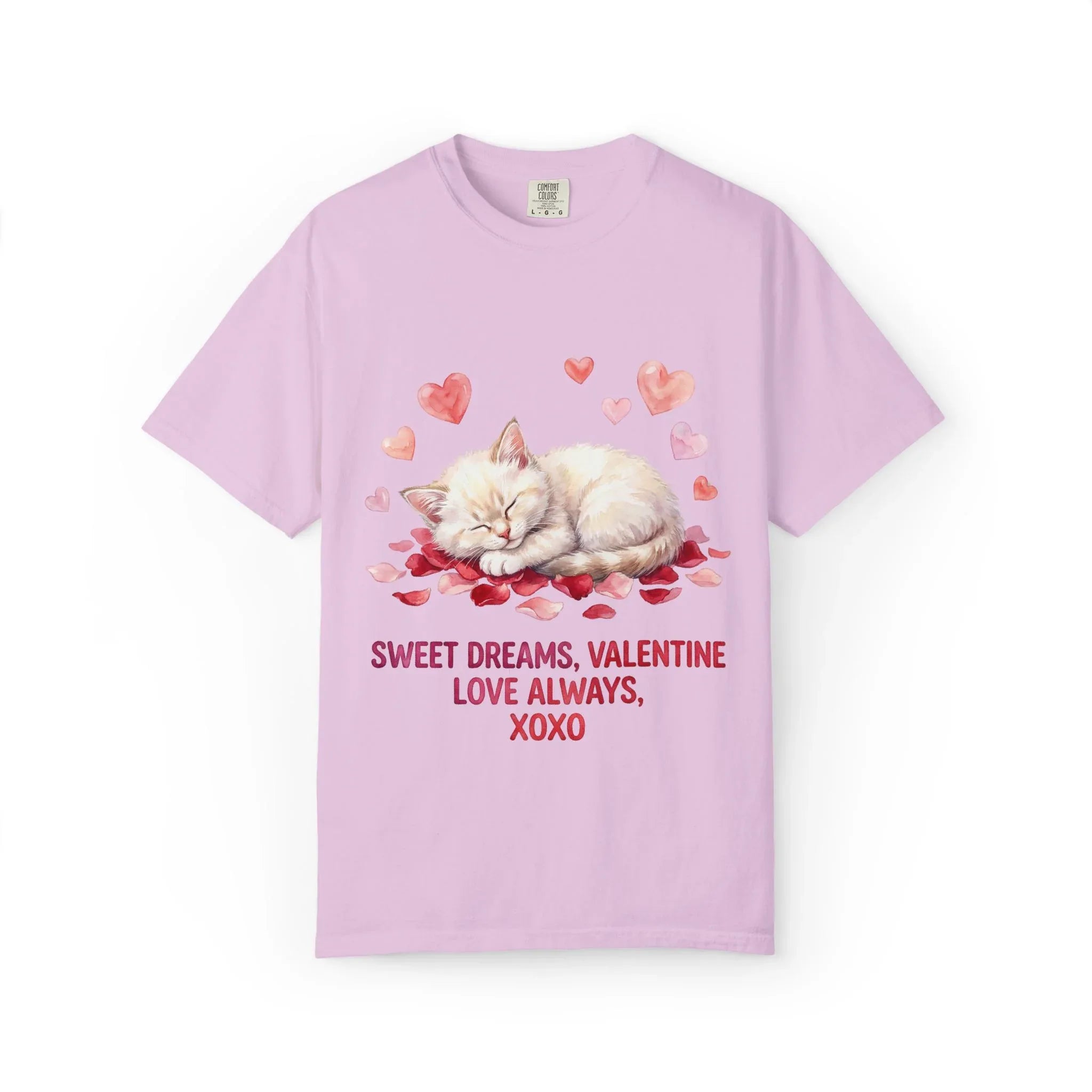 Sweet Dreams Valentine Kitten T Shirt Cute Sleeping Cat Hearts Watercolor Cozy Aesthetic Gift for Cat Lovers Soft VintageCotton Romantic Tee Orchid