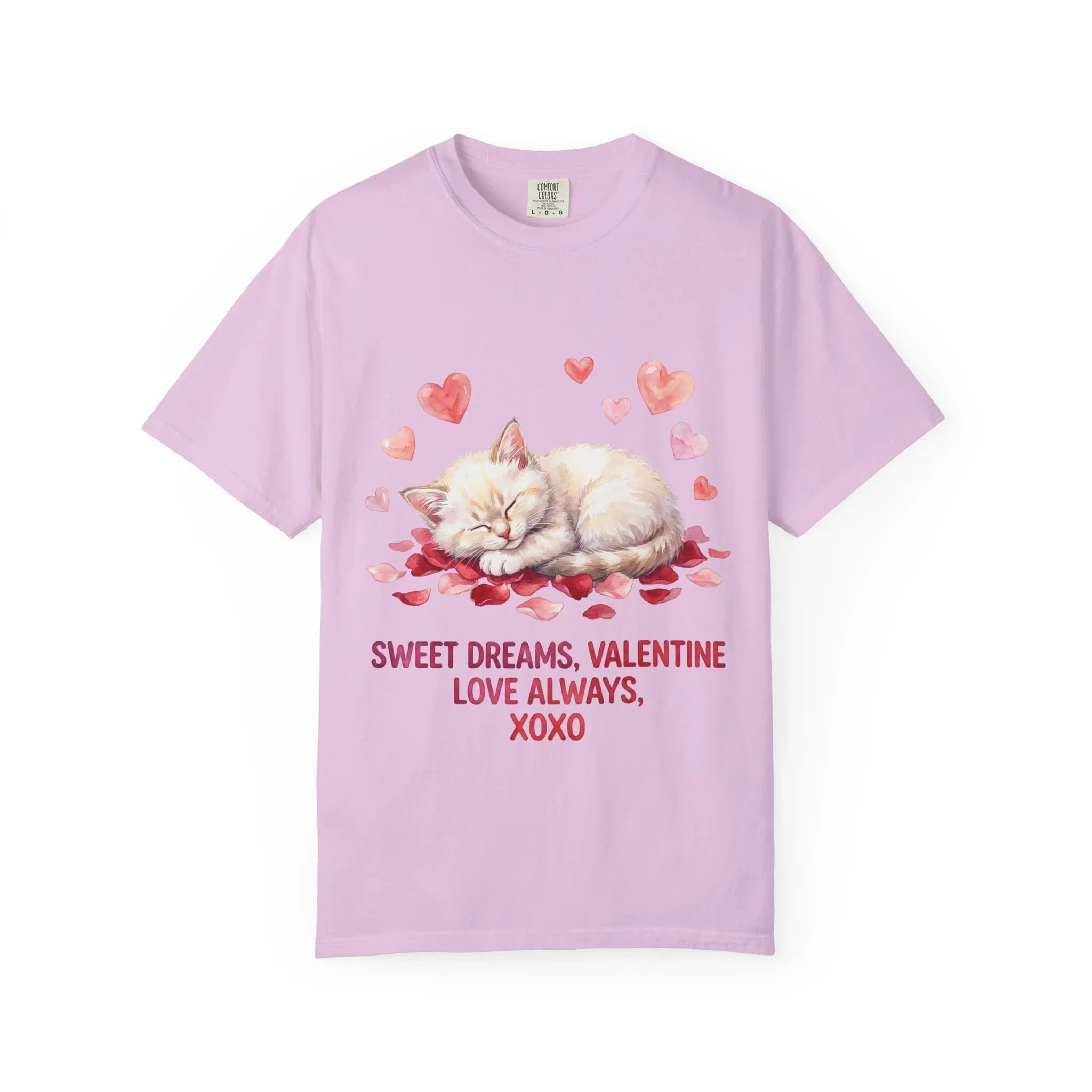 Sweet Dreams Valentine Kitten T Shirt Cute Sleeping Cat Hearts Watercolor Cozy Aesthetic Gift for Cat Lovers Soft VintageCotton Romantic Tee Orchid