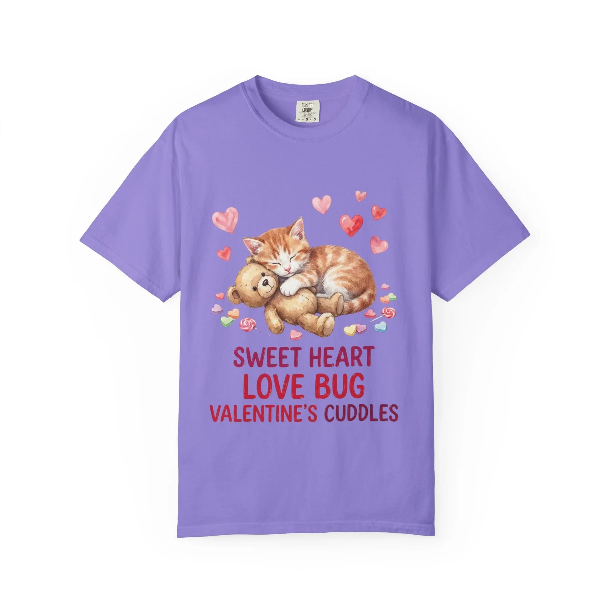 Sleeping Kitten with Teddy Bear Valentine T-Shirt | Sweetheart Love Bug Cuddles | Cozy Vintage Aesthetic | Cute Romantic Gift Violet