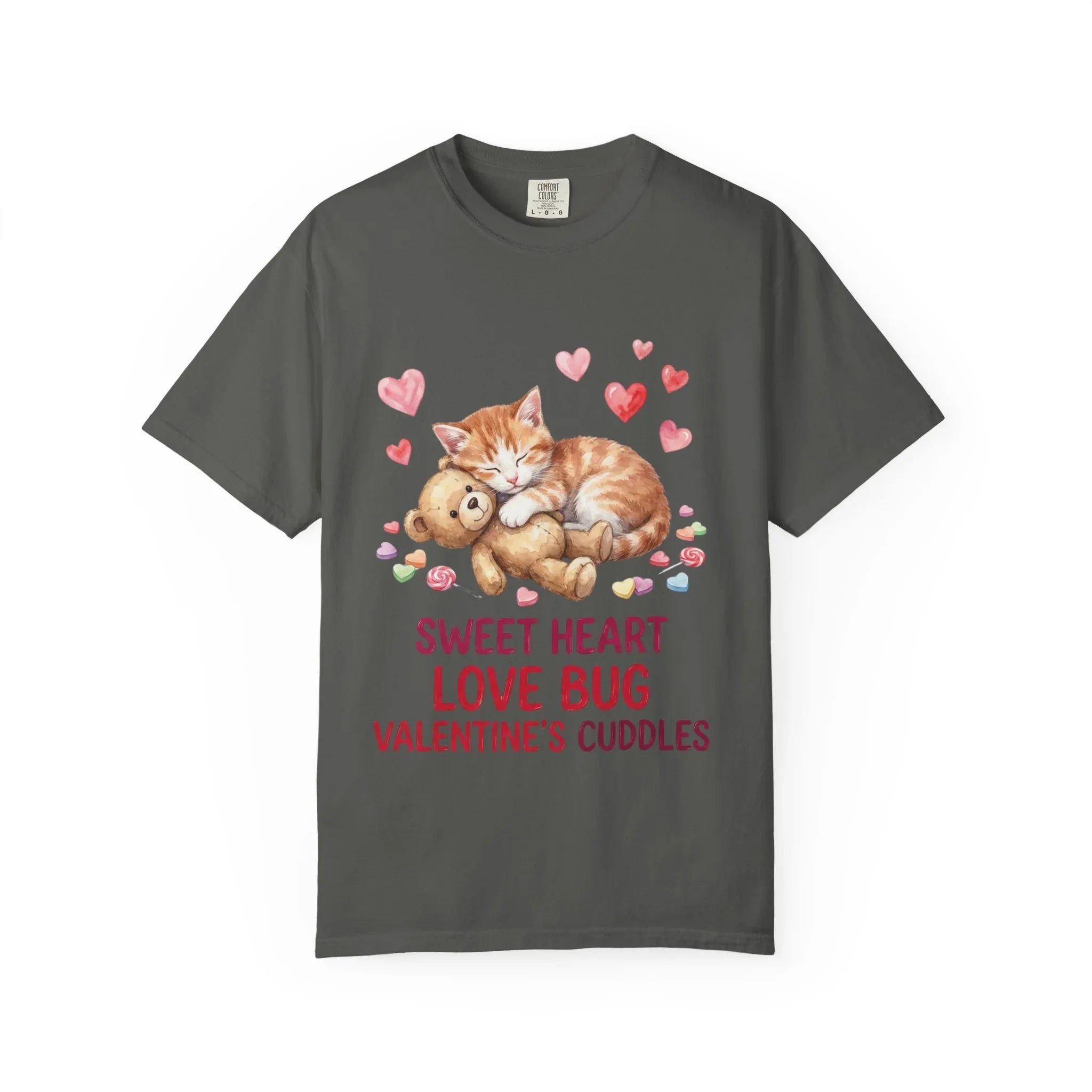 Sleeping Kitten with Teddy Bear Valentine T-Shirt | Sweetheart Love Bug Cuddles | Cozy Vintage Aesthetic | Cute Romantic Gift Pepper