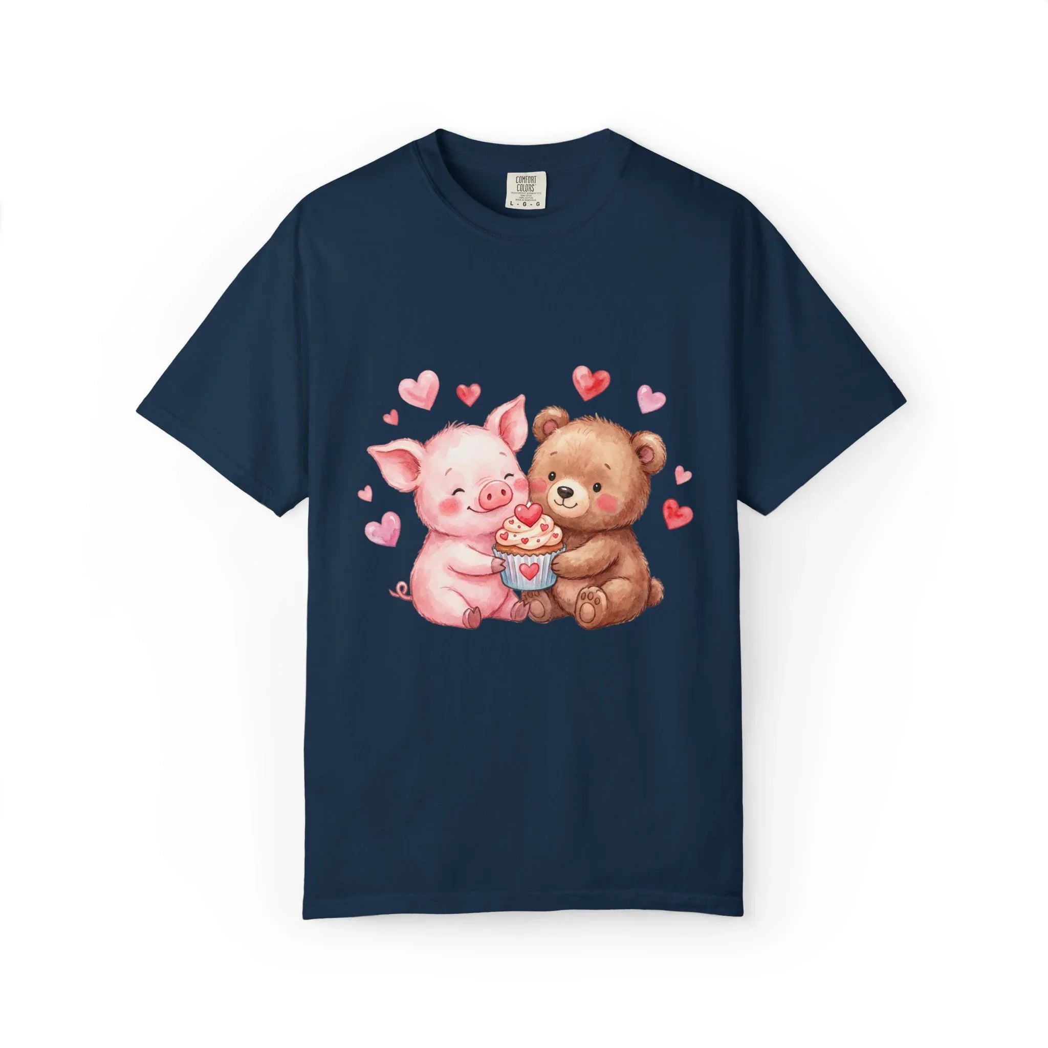 Cute Pig Bear Heart Cup Valentine T Shirt Watercolor Cozy Vintage Aesthetic Gift Animal Lovers Soft Cotton Romantic Tee True Navy