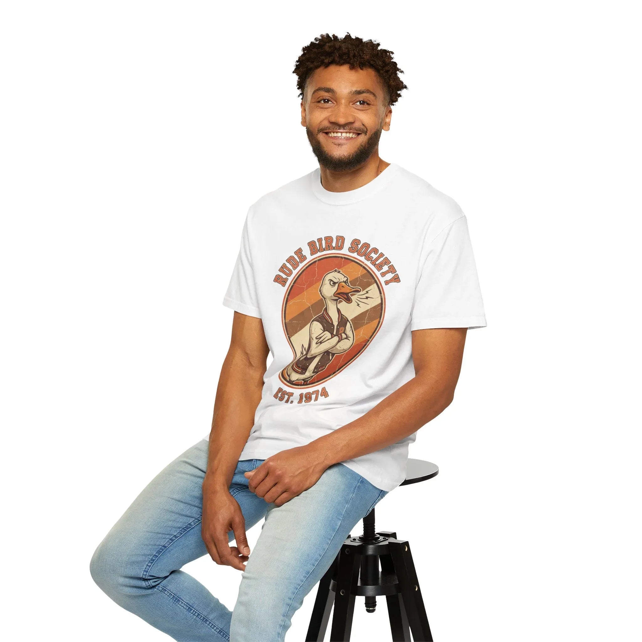 Dude Bird Society Goose T-Shirt | Retro Vintage Badge Est 1974 | Sunset Stripes Graphic | Garment-Dyed Heavyweight Unisex