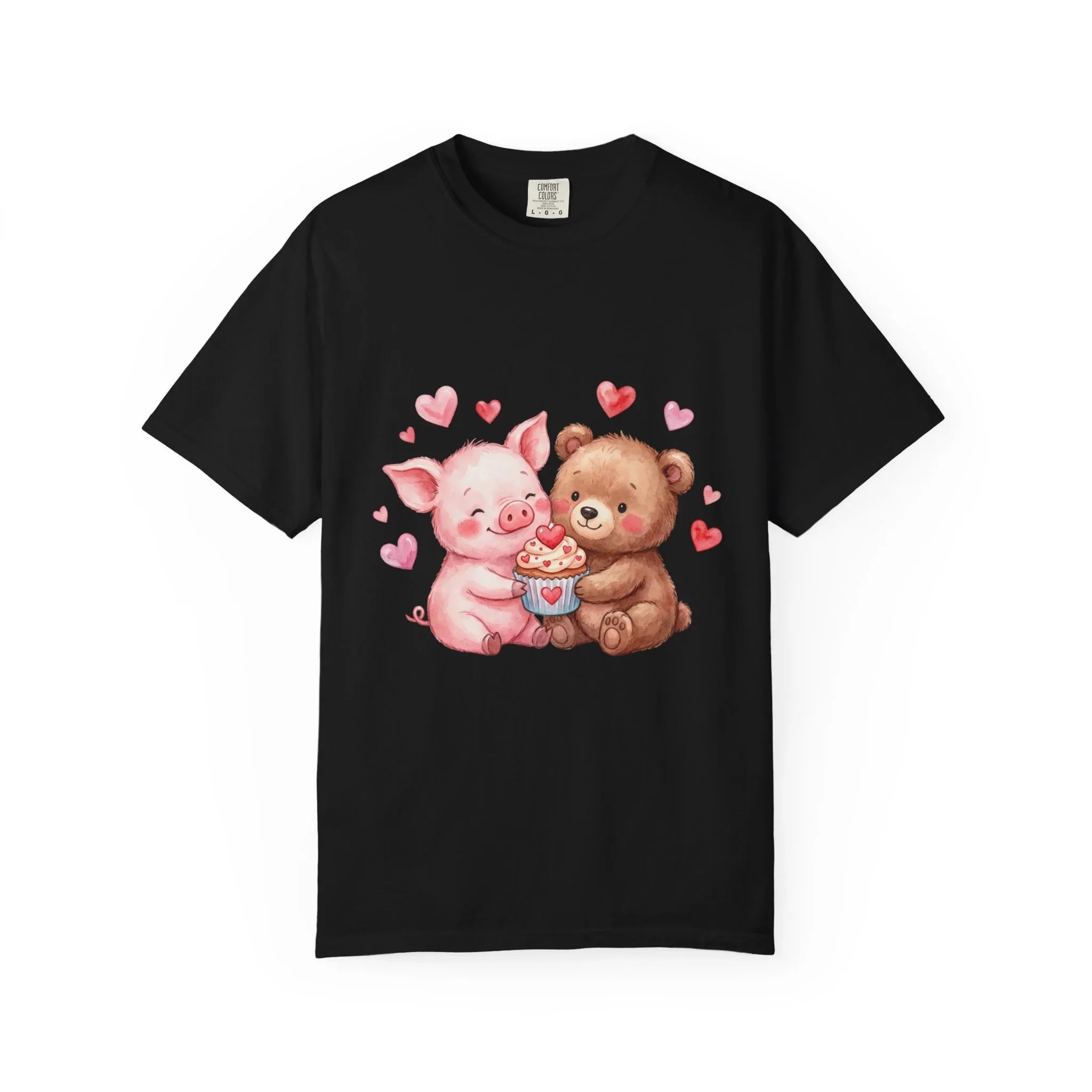 Cute Pig Bear Heart Cup Valentine T Shirt Watercolor Cozy Vintage Aesthetic Gift Animal Lovers Soft Cotton Romantic Tee Black