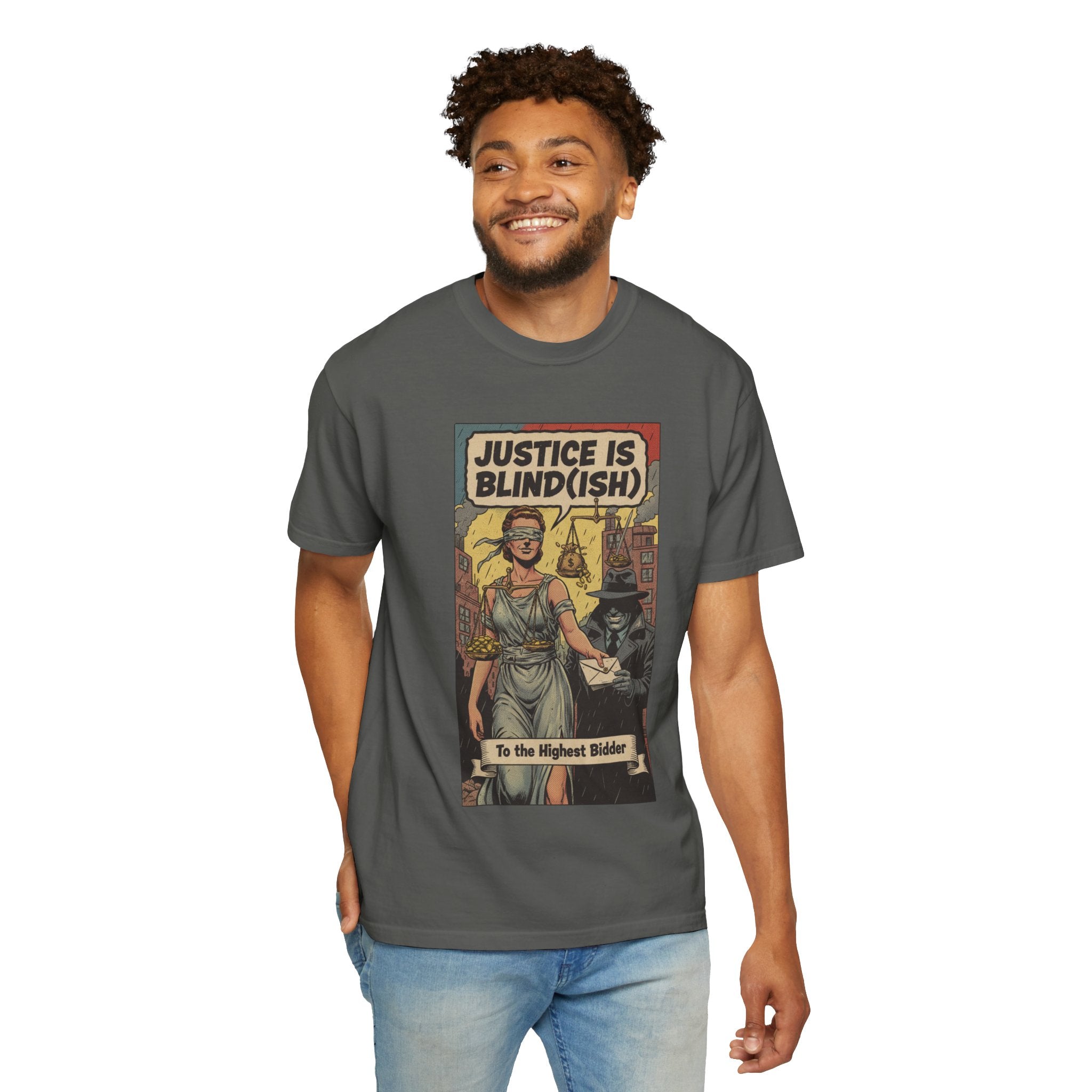 Justice Is Blind(ish) Shirt - Vintage Satire T-Shirt - Retro Comic Graphic Tee - Sarcastic Lady Justice Gift - Garment-Dyed Streetwear