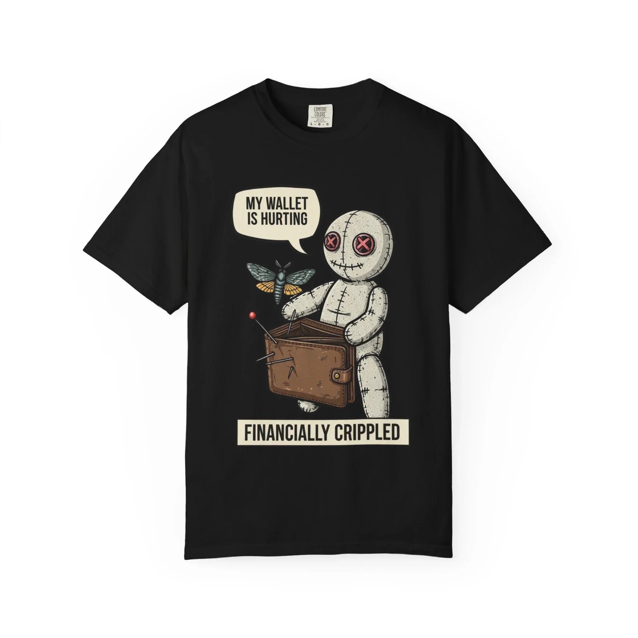 Funny Voodoo Doll Broke Life Shirt - Sarcastic "Financially Crippled" Graphic Tee - Retro Dark Humor Wallet T-Shirt - Vintage Aesthetic Streetwear Gift - Relatable Financial Struggle Mood Shirt Black