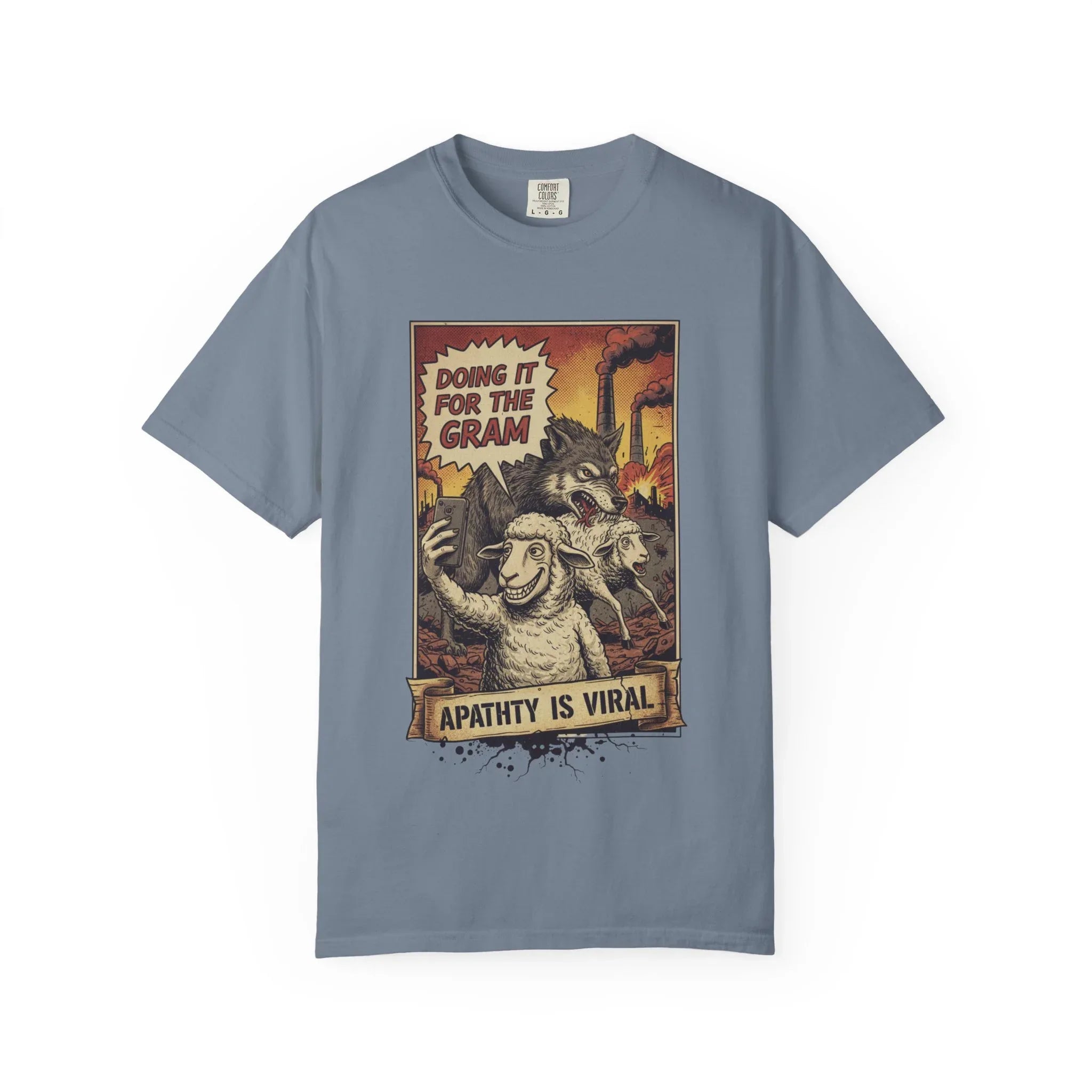 Doing It For The Gram Vintage Shirt - Satirical Wolf and Sheep Graphic Tee - Retro Social Media Irony T-Shirt - 1950s Propaganda Style Dark Humor - Unapologetic Social Critique Apparel Blue Jean