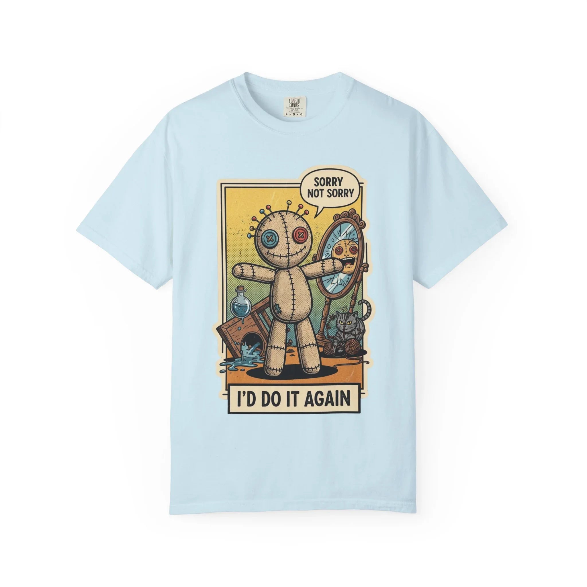 Sorry Not Sorry Voodoo Doll Shirt - Sarcastic "I'd Do It Again" Graphic Tee - Retro Comic Dark Humor T-Shirt - Vintage Black Cat Aesthetic Streetwear - Unapologetic Mood Gift Chambray