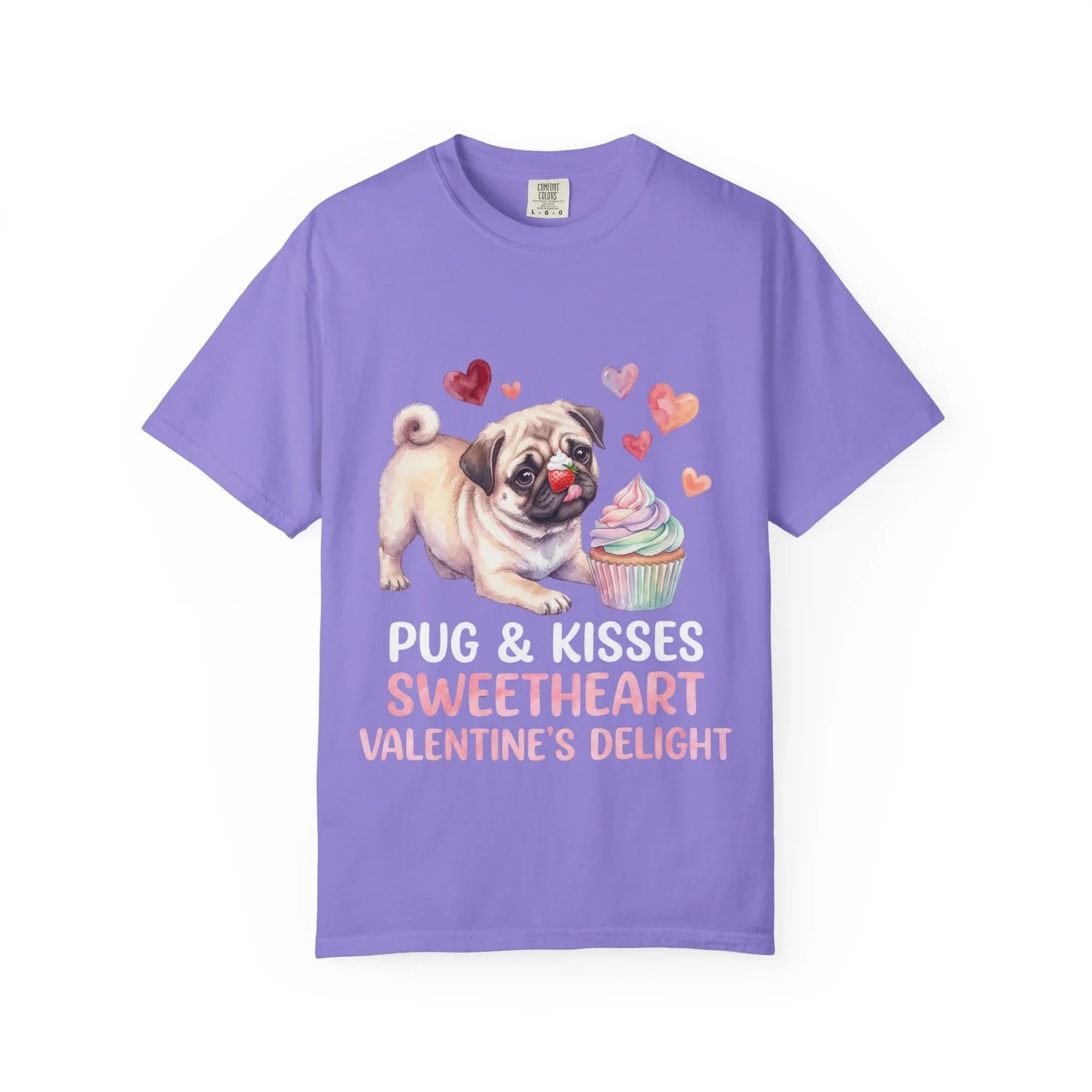 Pug Cupcake Sweetheart Valentines Delight T Shirt Cute Dog Hearts Watercolor Cozy Vintage Aesthetic Gift Pug Lovers Soft Cotton Romantic Tee Violet
