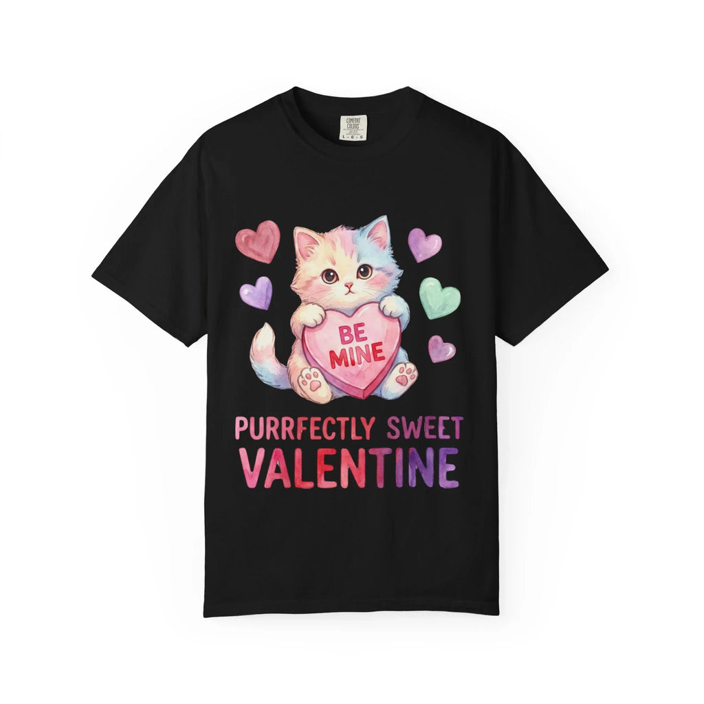 Purrfectly Sweet Valentine Cat T-Shirt | Be Mine Heart Design | Cute Pastel Kitten Tee | Cozy Romantic Gift for Cat Lovers Black