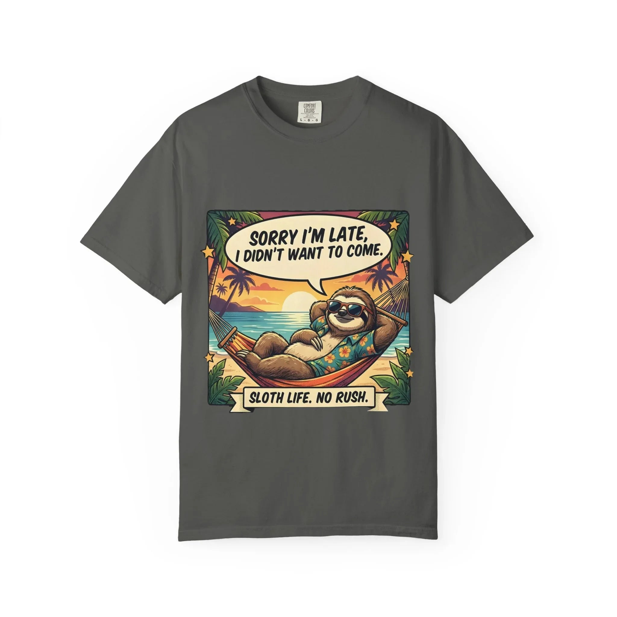Sorry Im Late Sloth Hammock T-Shirt | Sloth Life No Rush Tee | Beach Chill Humor Gift | Vintage Tropical Lazy Shirt Pepper