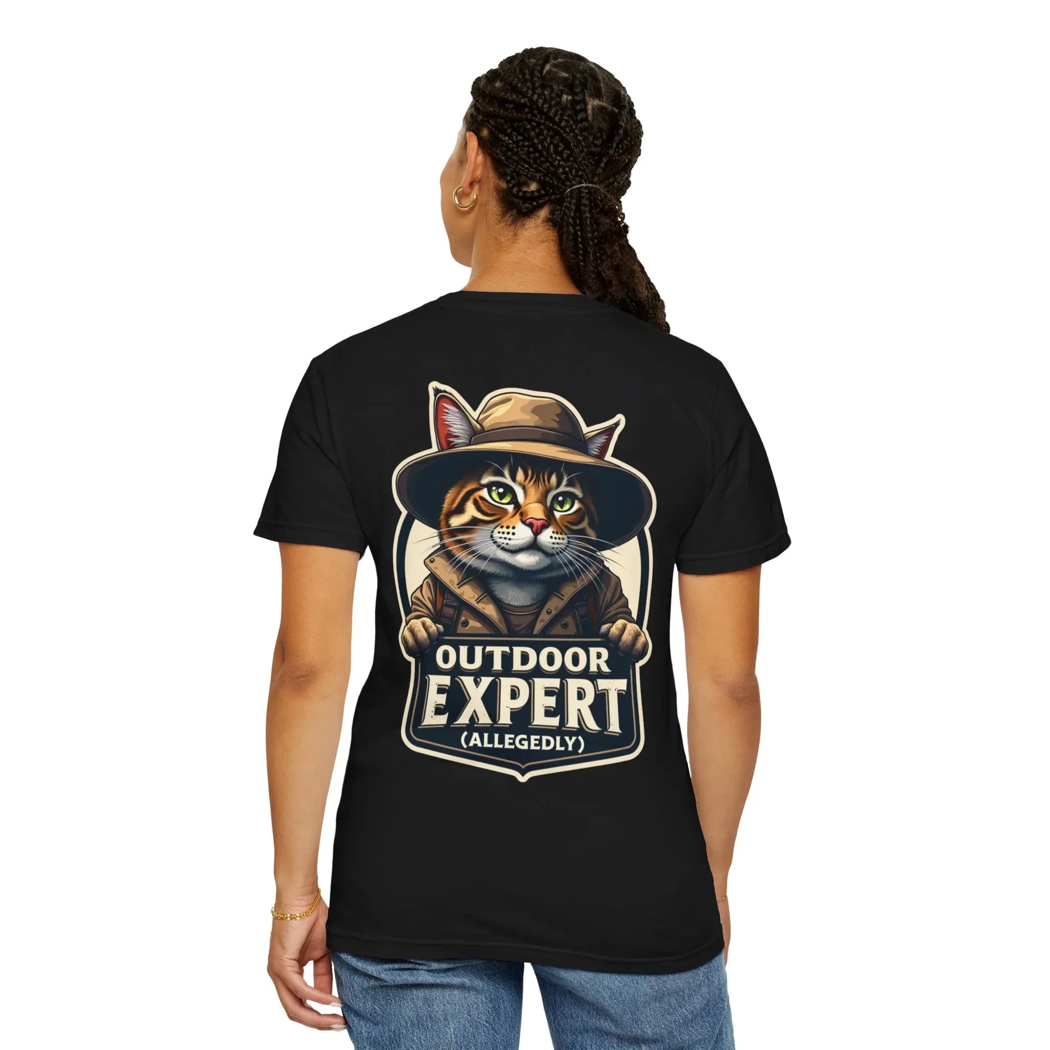 Outdoor Expert Cat T-Shirt, Outdoor Expert (Allegedly) Back Print Tee, Funny Camping Cat in Fedora Badge, Unisex Garment-Dyed