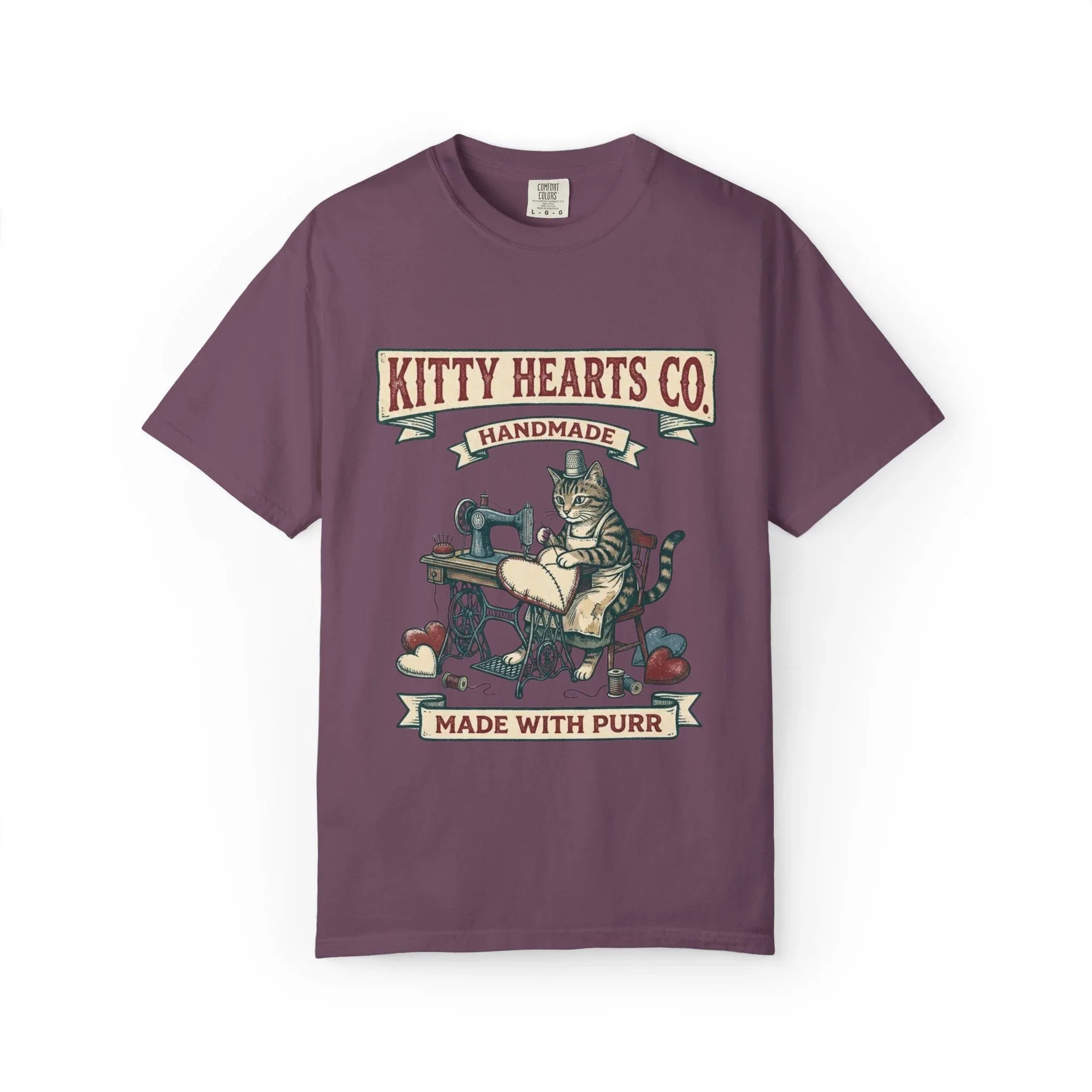 Kitty Hearts Co T-Shirt | Vintage Sewing Cat Made With Purr Graphic Tee | Retro Craft Cat Lover Gift Shirt Berry M