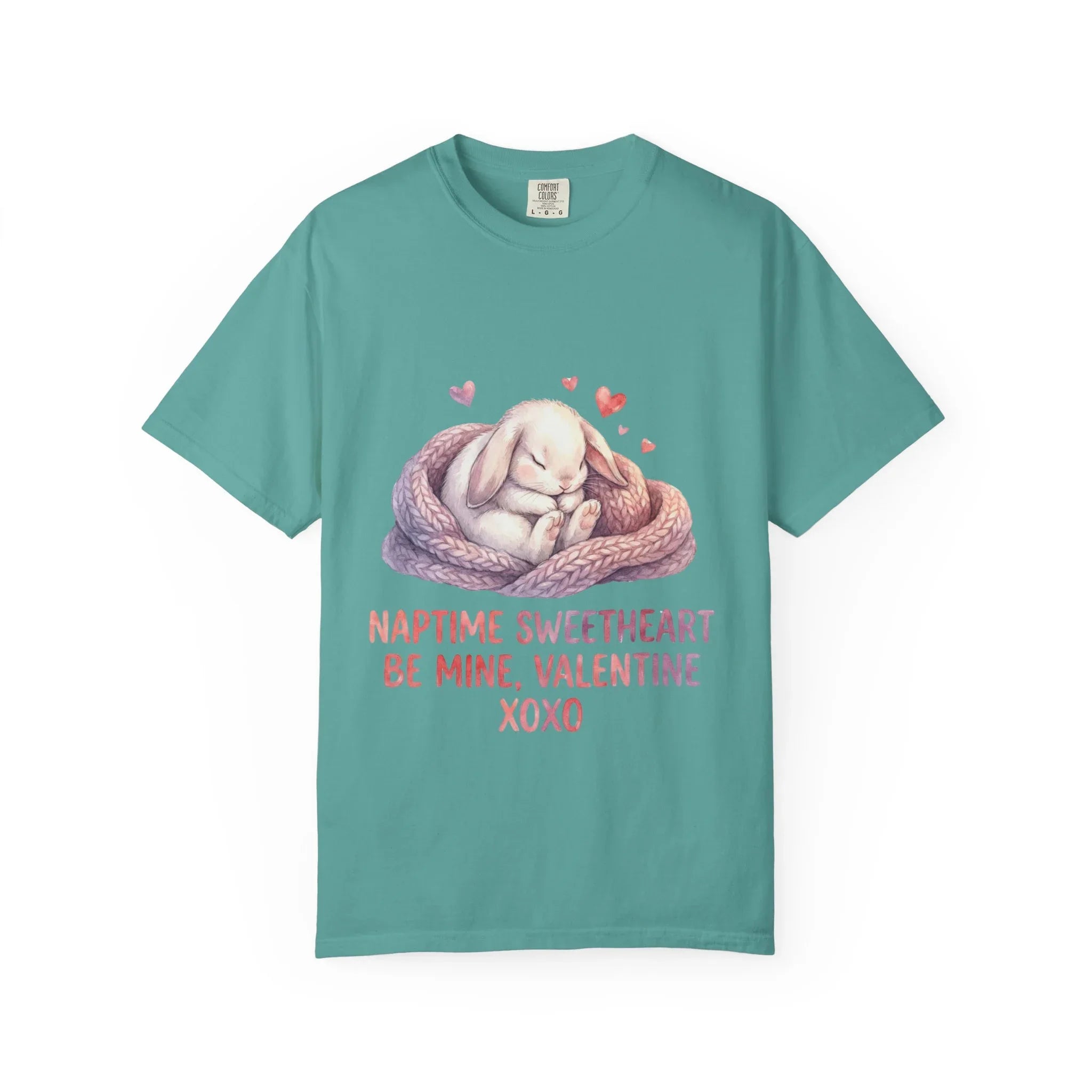 Sleeping Bunny Nest Valentine T Shirt Naptime Sweetheart Be Mine XOXO Watercolor Cozy Vintage Aesthetic Gift Bunny Lovers Romantic Tee Seafoam