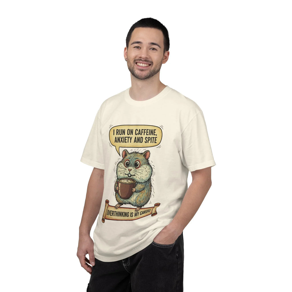 Funny Hamster Coffee Shirt - "Overthinking is My Cardio" T-Shirt - Caffeine Anxiety and Spite Gift - Sarcastic Mental Health Graphic Tee - Retro Jittery Hamster Overthinker Gift