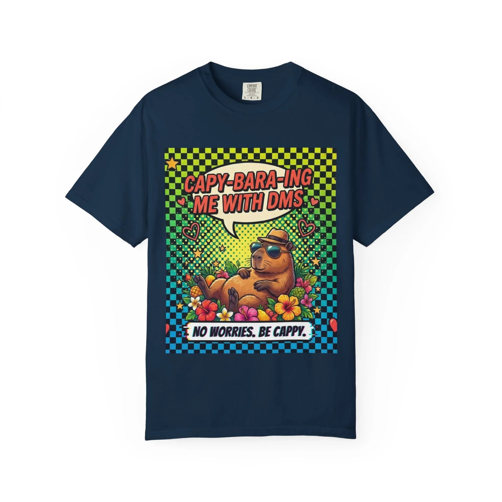 Capybara Relaxing Cartoon T-Shirt | Capy-bara-ing Me With DMs Tee | No Worries Be Cappy | Viral Meme Humor Gift Shirt True Navy