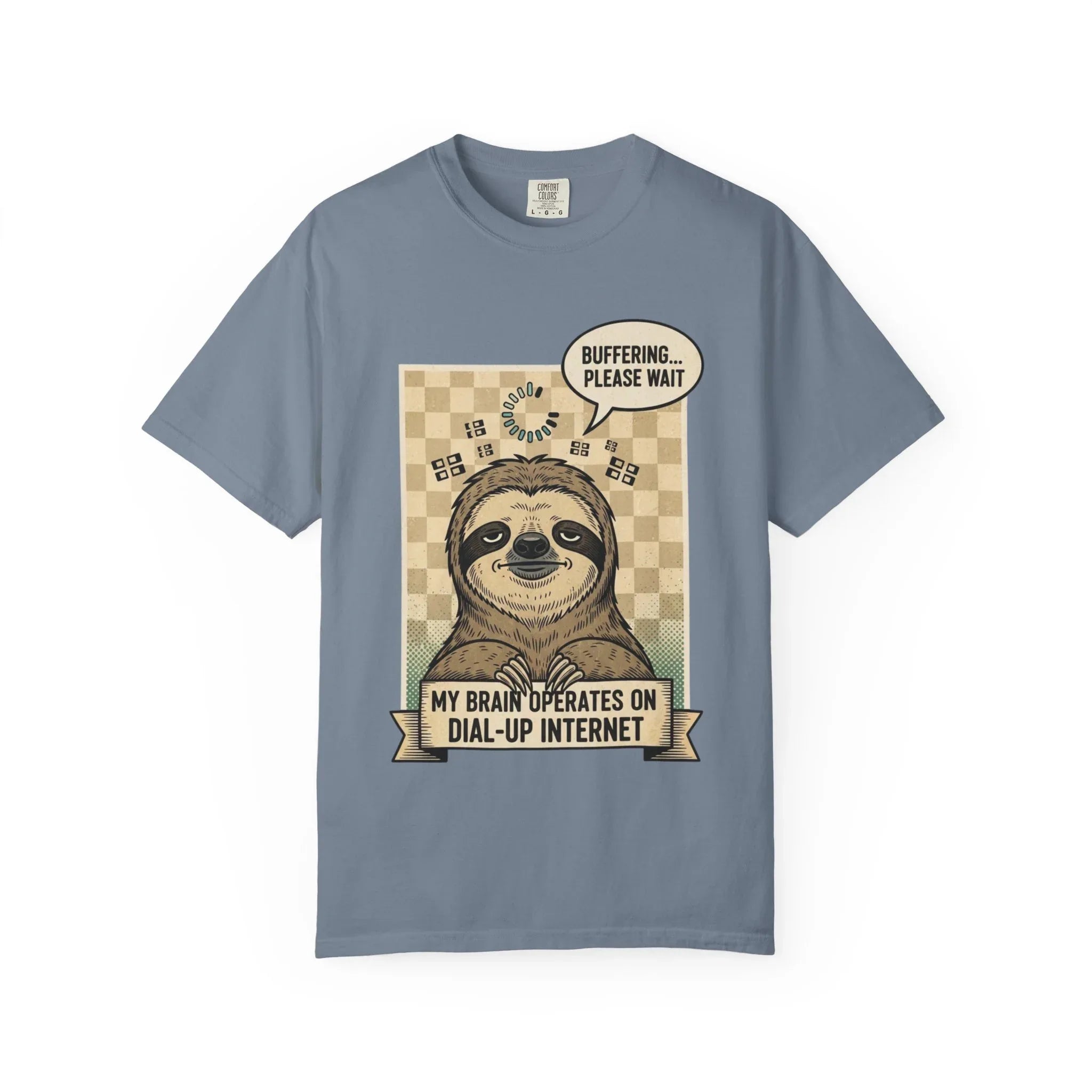 Funny Sloth Shirt - Retro 90s Dial-Up Internet Tee - "My Brain Operates on Dial-Up" Buffering Graphic T-Shirt - Sarcastic Sloth Lover Gift - Vintage Style Comfort Colors Apparel Blue Jean