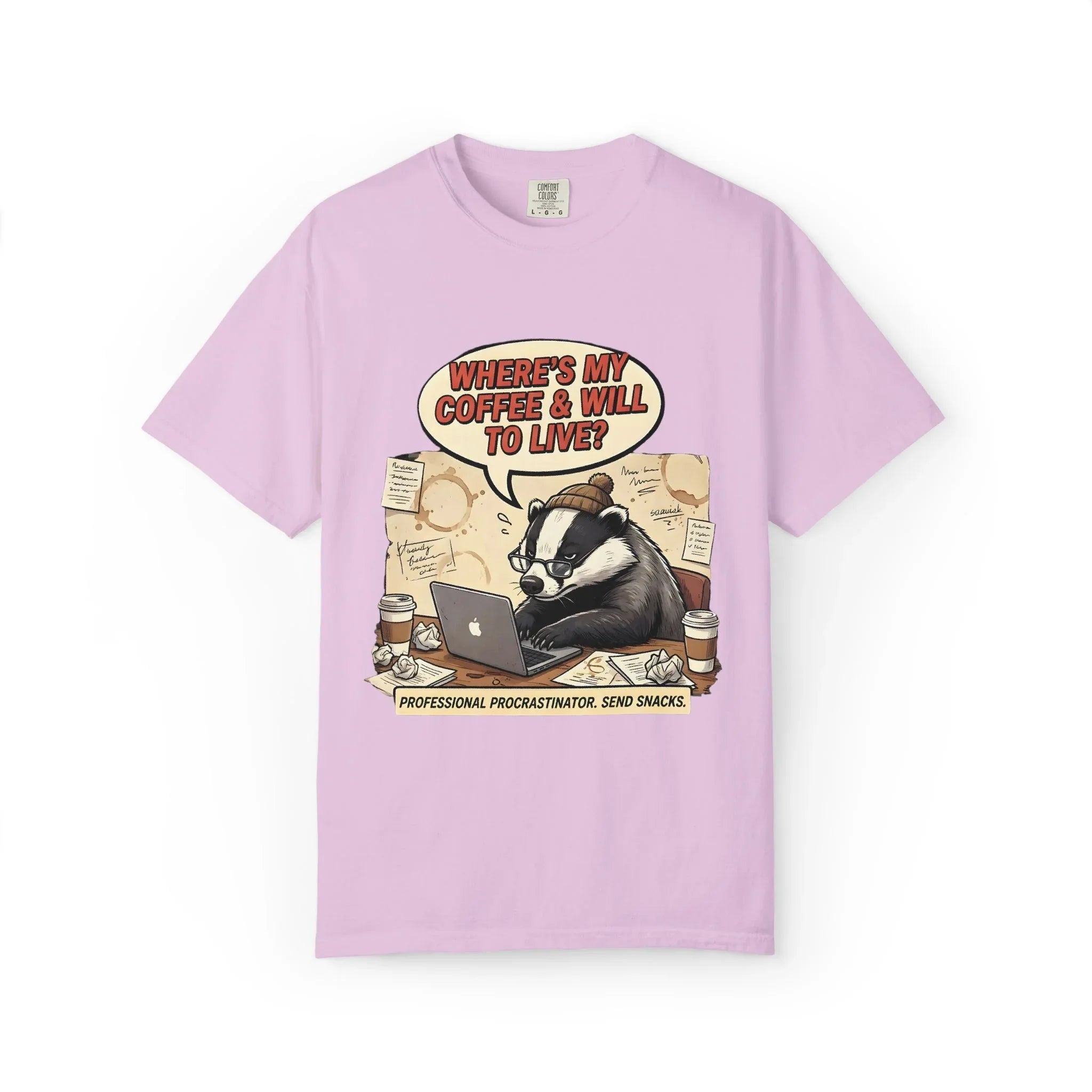 Where's My Coffee and Will to Live Badger T-Shirt | Procrastination Coffee Design | Funny Freelancer Gift | Vintage Sarcastic Humor Tee Orchid