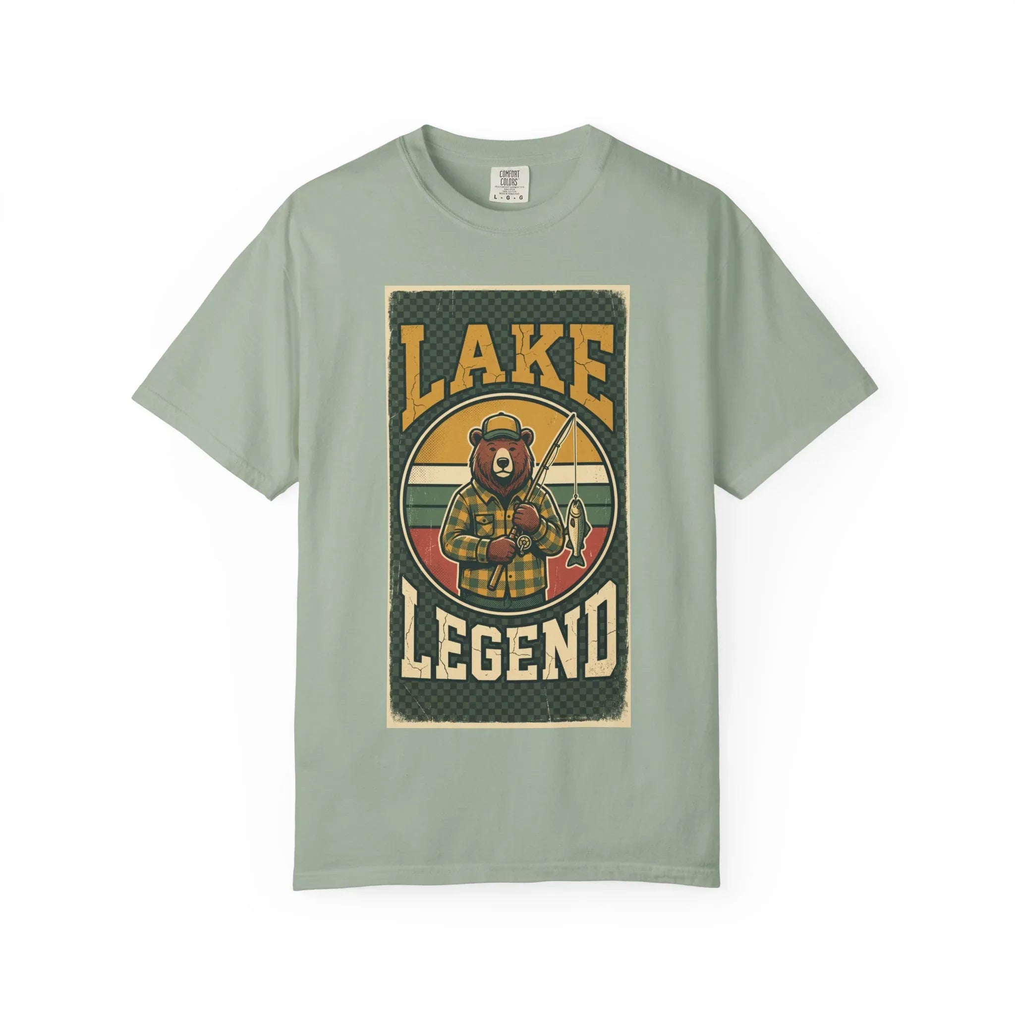 Lake Legend Bear Fishing T-Shirt | Retro Outdoors Graphic Tee | Vintage Cabin Lake Life Shirt | Garment-Dyed Heavyweight Unisex Bay