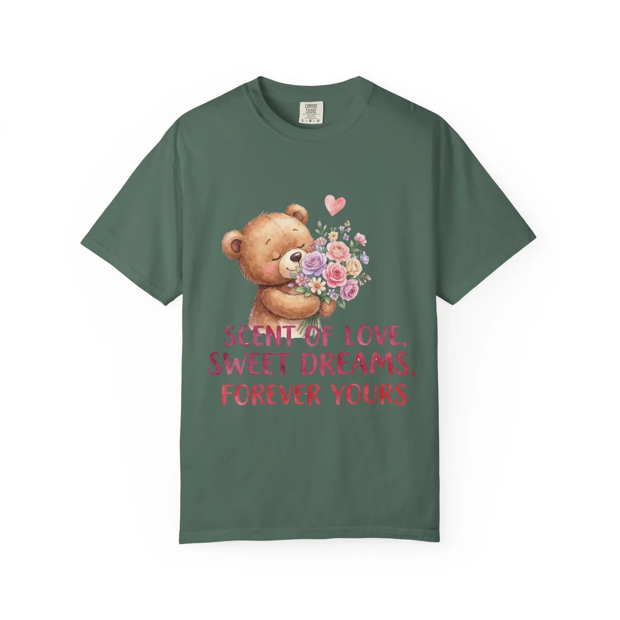 Teddy Bear with Bouquet T-Shirt | Scent of Love Sweet Dreams Forever Yours | Cute Valentine Gift | Cozy Soft Vintage Aesthetic Tee Blue Spruce