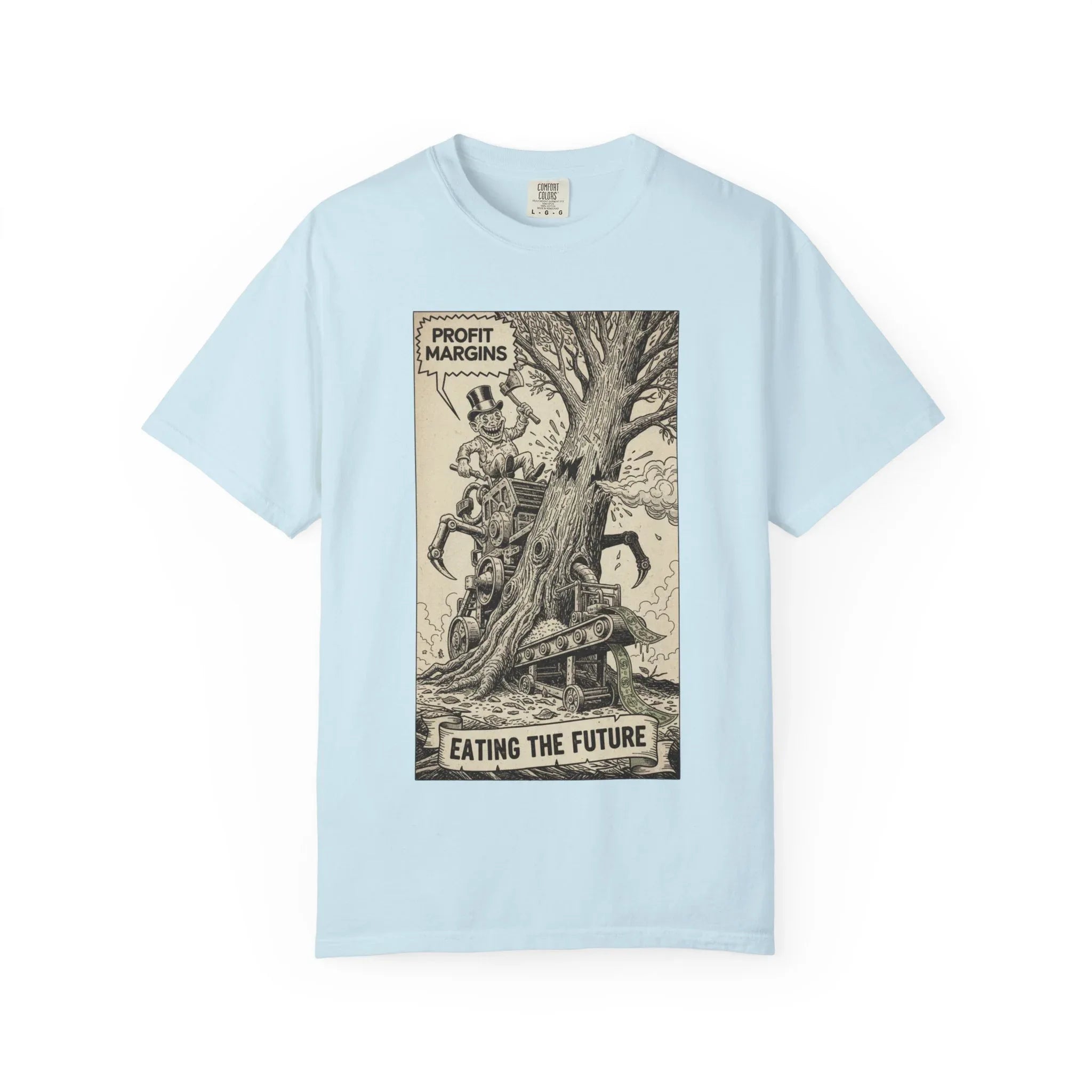 Eating The Future Shirt - Satirical Political Graphic Tee - Vintage Woodcut Eco Activist T-Shirt - Corporate Greed Social Commentary - Environmental Awareness Aesthetic Streetwear Chambray
