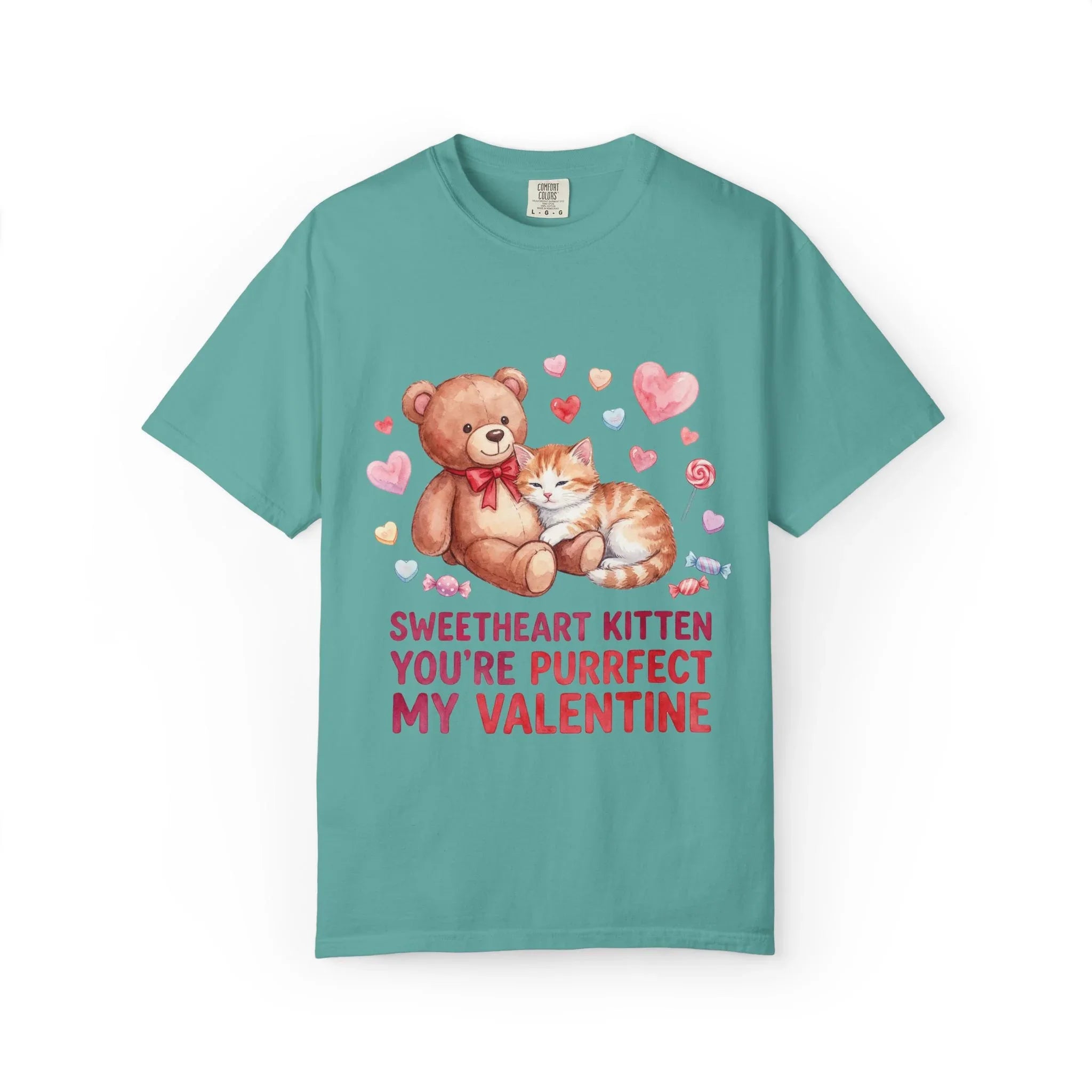 Sweetheart Kitten Youre Purrfect My Valentine T Shirt Cute Cat Teddy Bear Hearts Watercolor Cozy Vintage Aesthetic Gift Cat Lovers Seafoam