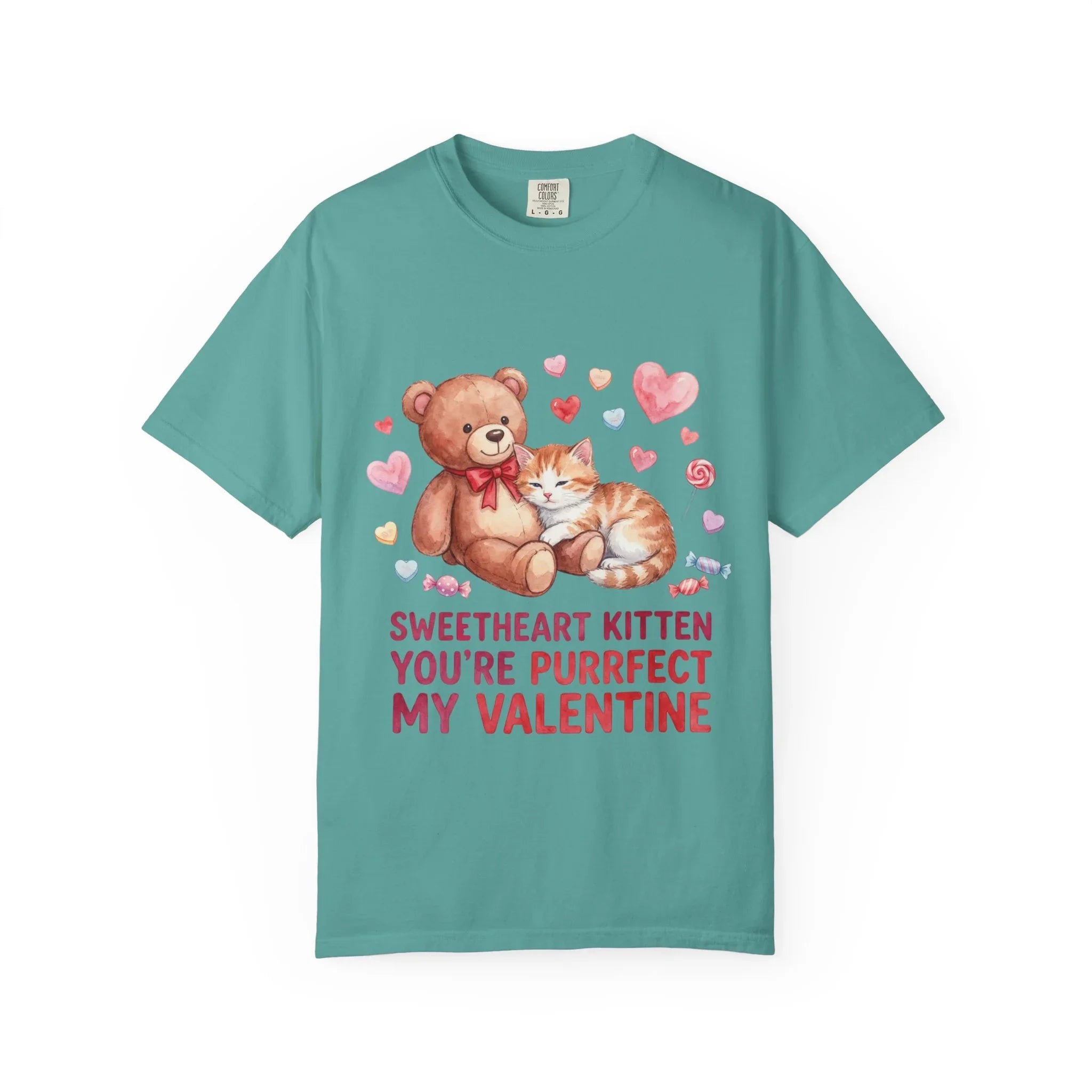 Sweetheart Kitten Youre Purrfect My Valentine T Shirt Cute Cat Teddy Bear Hearts Watercolor Cozy Vintage Aesthetic Gift Cat Lovers Seafoam