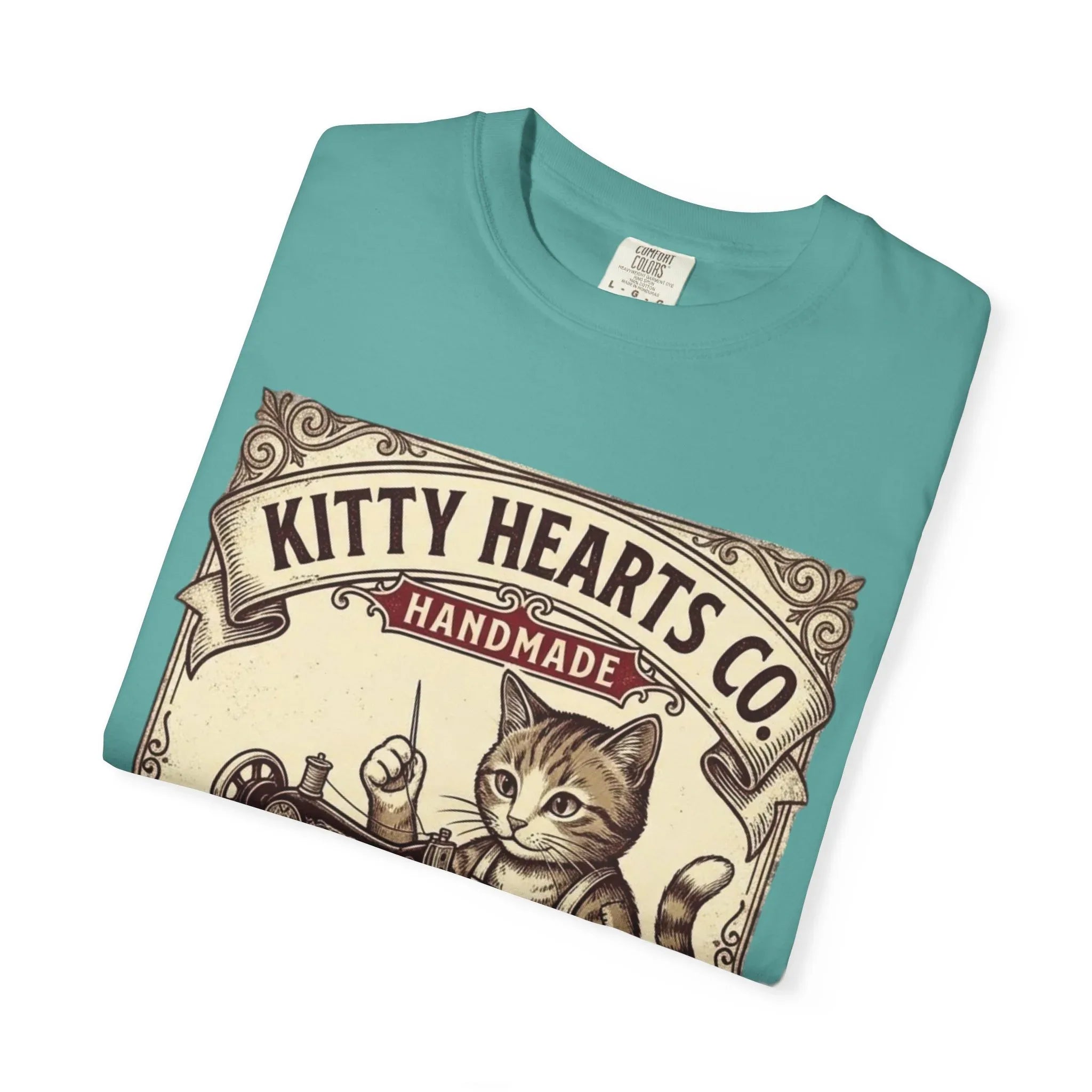 Kitty Hearts Co T-Shirt | Vintage Sewing Cat Made With Purr Graphic Tee | Retro Craft Lover Gift