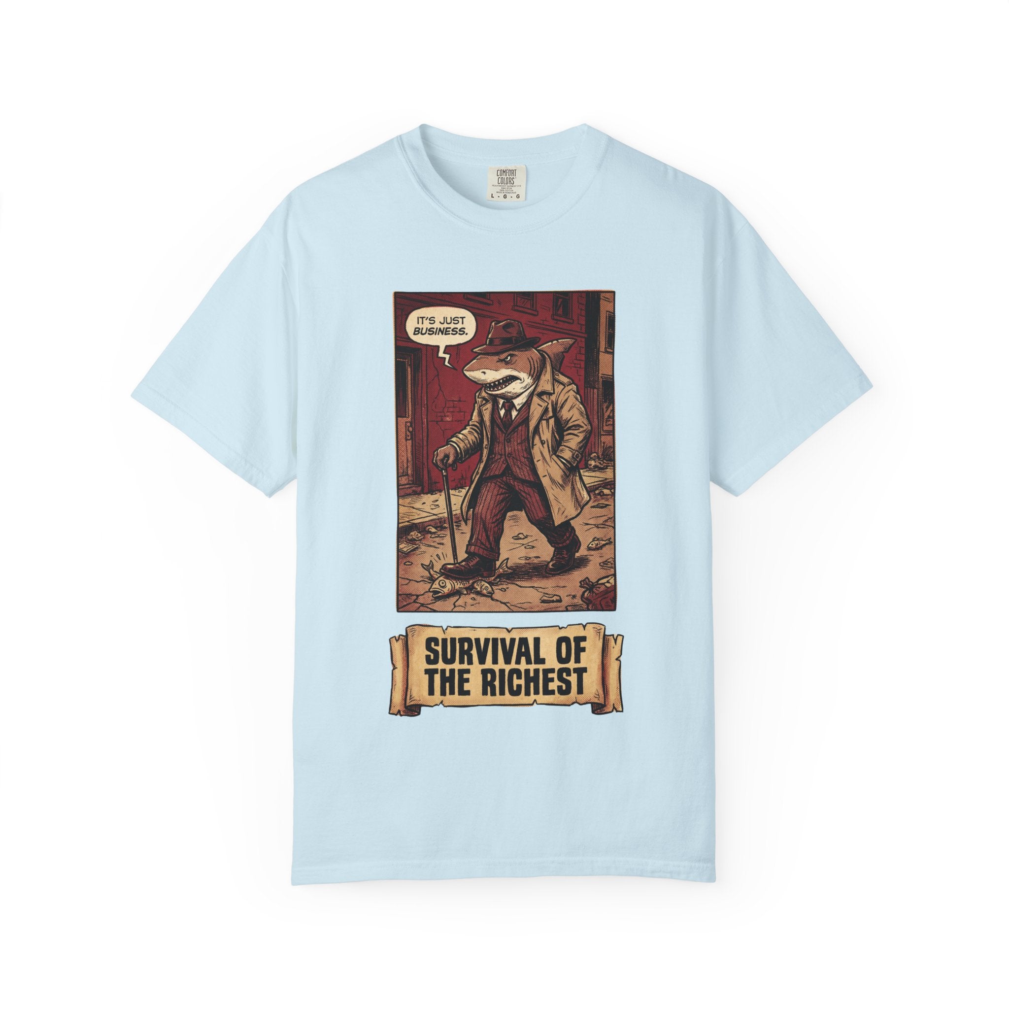 Survival of the Richest Shirt Vintage Business Shark Tee Retro Comic Style Satirical Graphic Top Dark Humor Mafia Art Gift Chambray