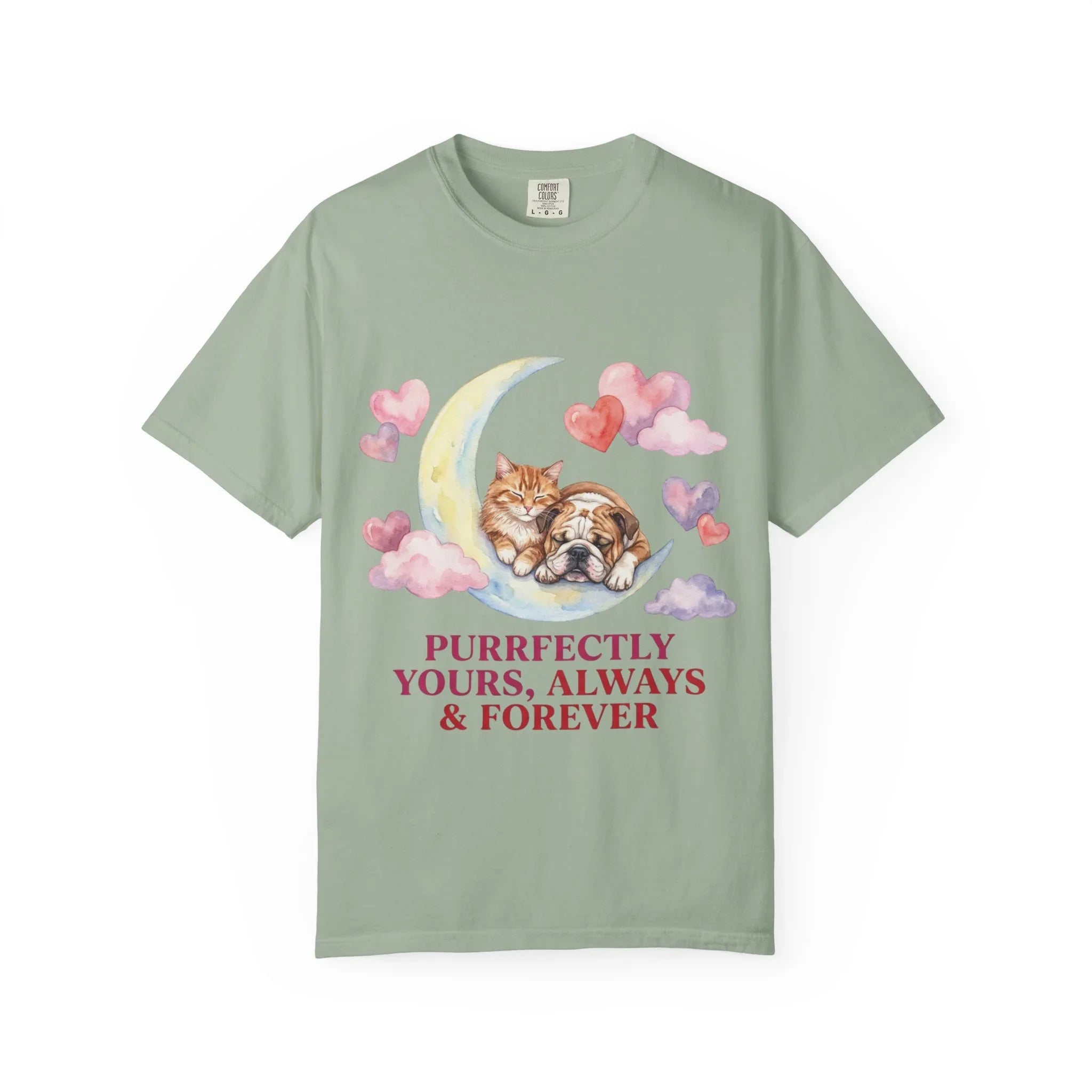 Purrfectly Yours Cat Dog Moon T Shirt Cute Pet Friends Hearts Watercolor Cozy Vintage Aesthetic Gift Pet Lovers Soft Cotton Romantic Tee Bay