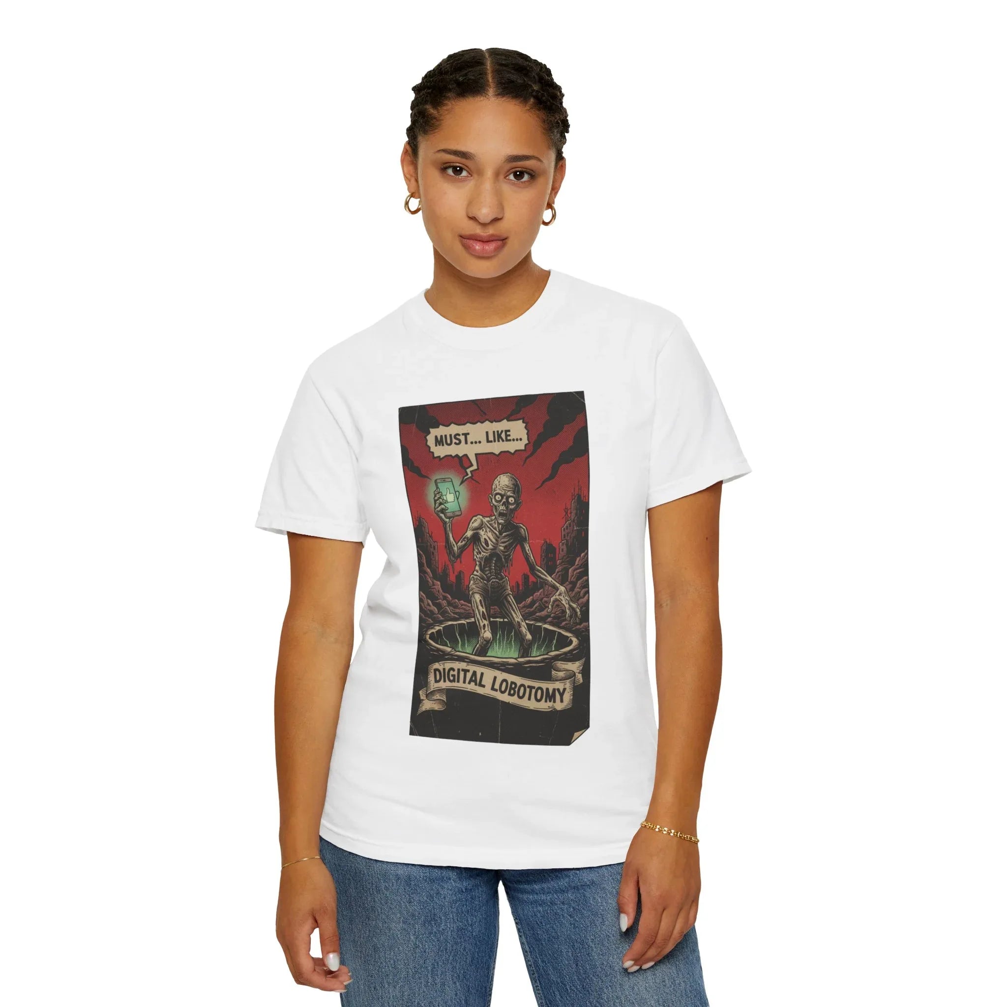 Digital Lobotomy Shirt - Vintage Horror Zombie T-Shirt - Social Media Satire Tee - Retro Comic Style Graphic Shirt - Smartphone Addict Dark Humor Gift - Tech Skeptic Streetwear