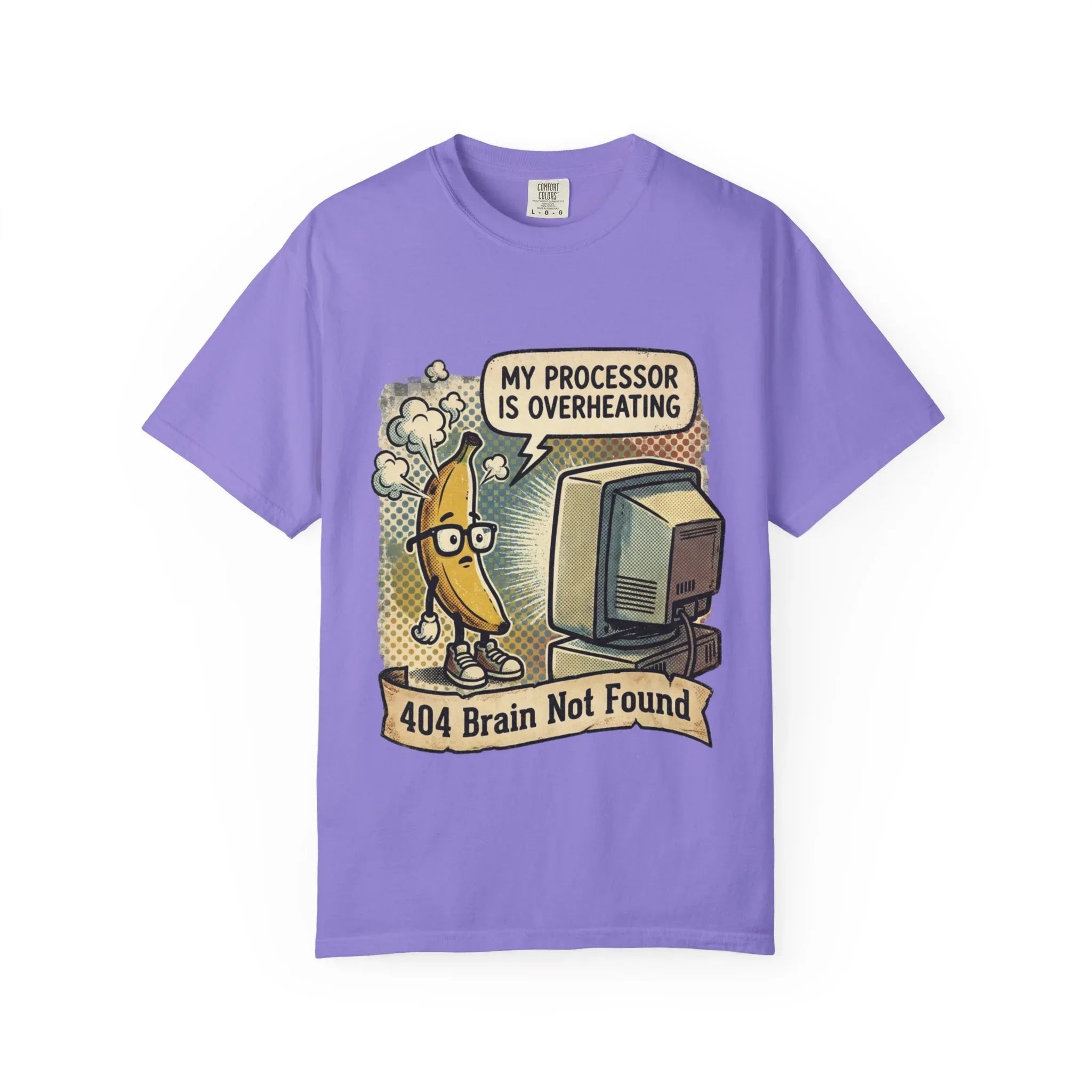 Funny Banana Overheating Shirt 404 Brain Not Found Tee IT Professional Gift Sarcastic Programmer Shirt Tech Burnout Retro Comic Graphic Violet