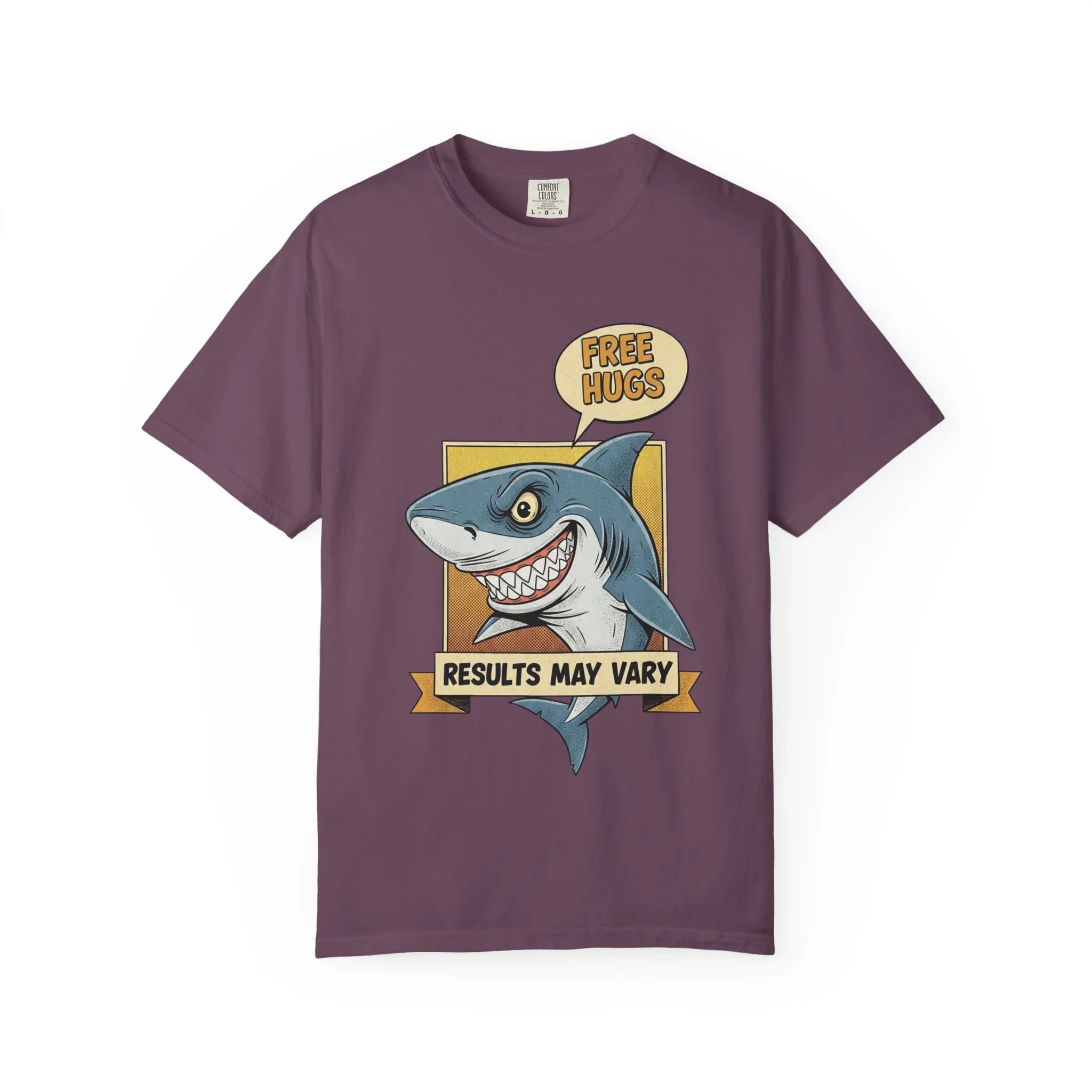 Funny Shark Shirt - "Free Hugs" Sarcastic Vintage Graphic Tee - Results May Vary Dark Humor Gift - Retro Great White Shark Top - Men's & Women's Dad Joke Clothing Berry M