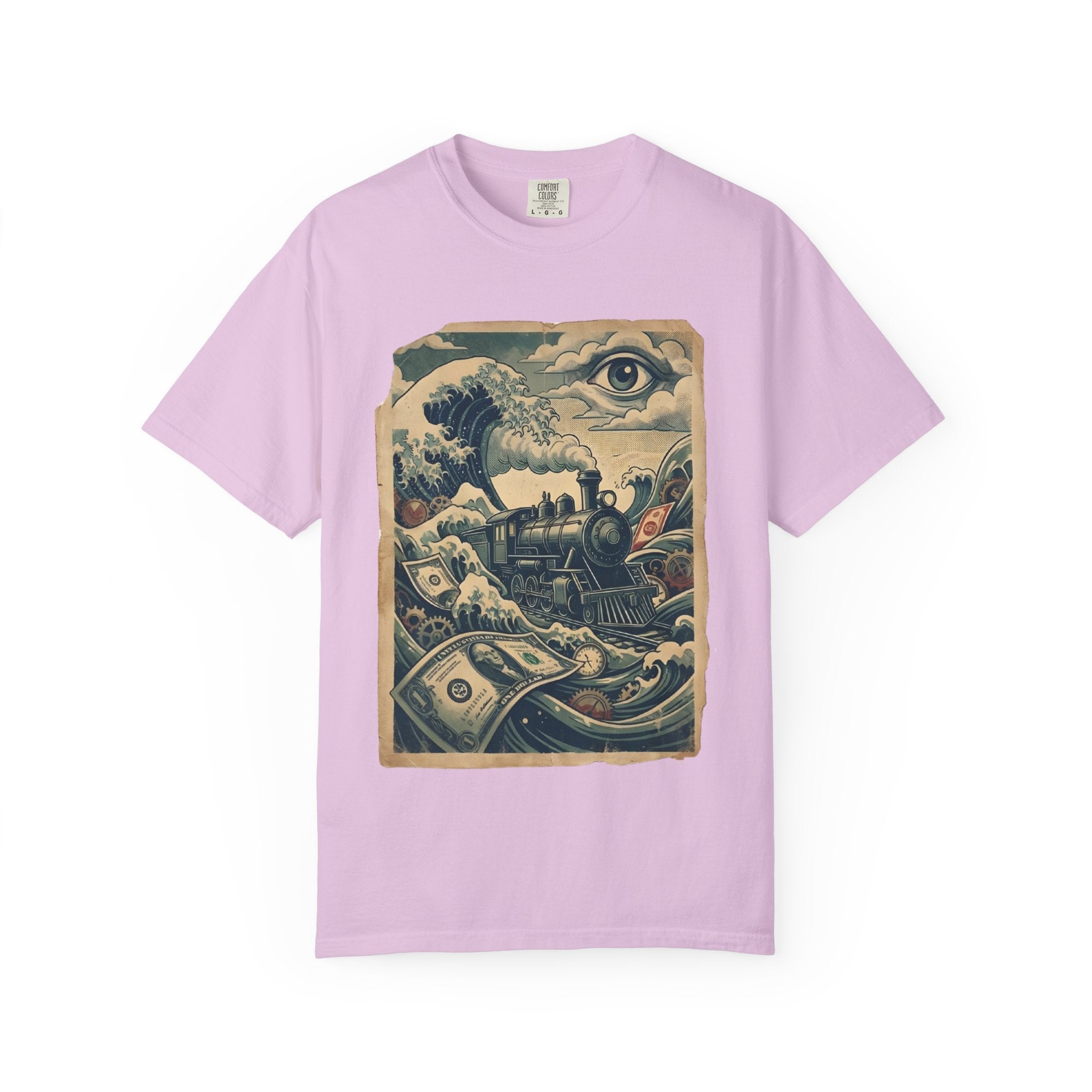 Financial Tsunami T-Shirt - Steam Train Economic Crisis Tee - Vintage Surrealist Satire Shirt - Sarcastic Money Wave Graphic Orchid