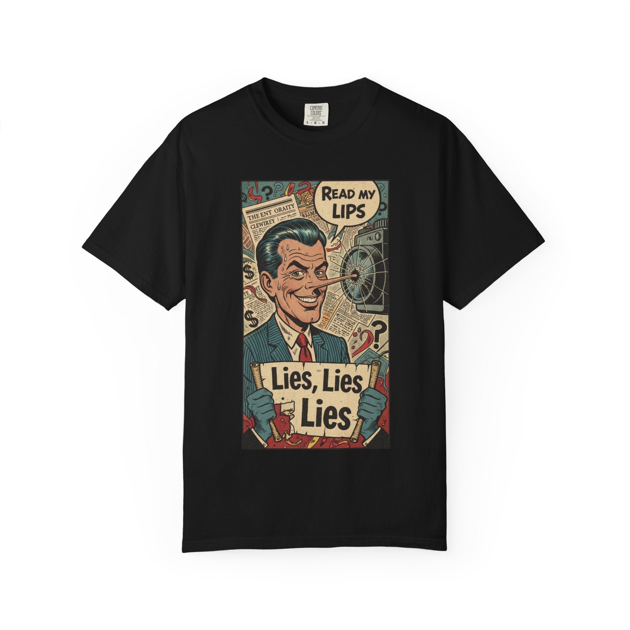 Lies Lies Lies T-Shirt - Read My Lips Satire Tee - Funny Pinocchio Political Shirt - Vintage Comic Graphic - Sarcastic Truth Tee Black