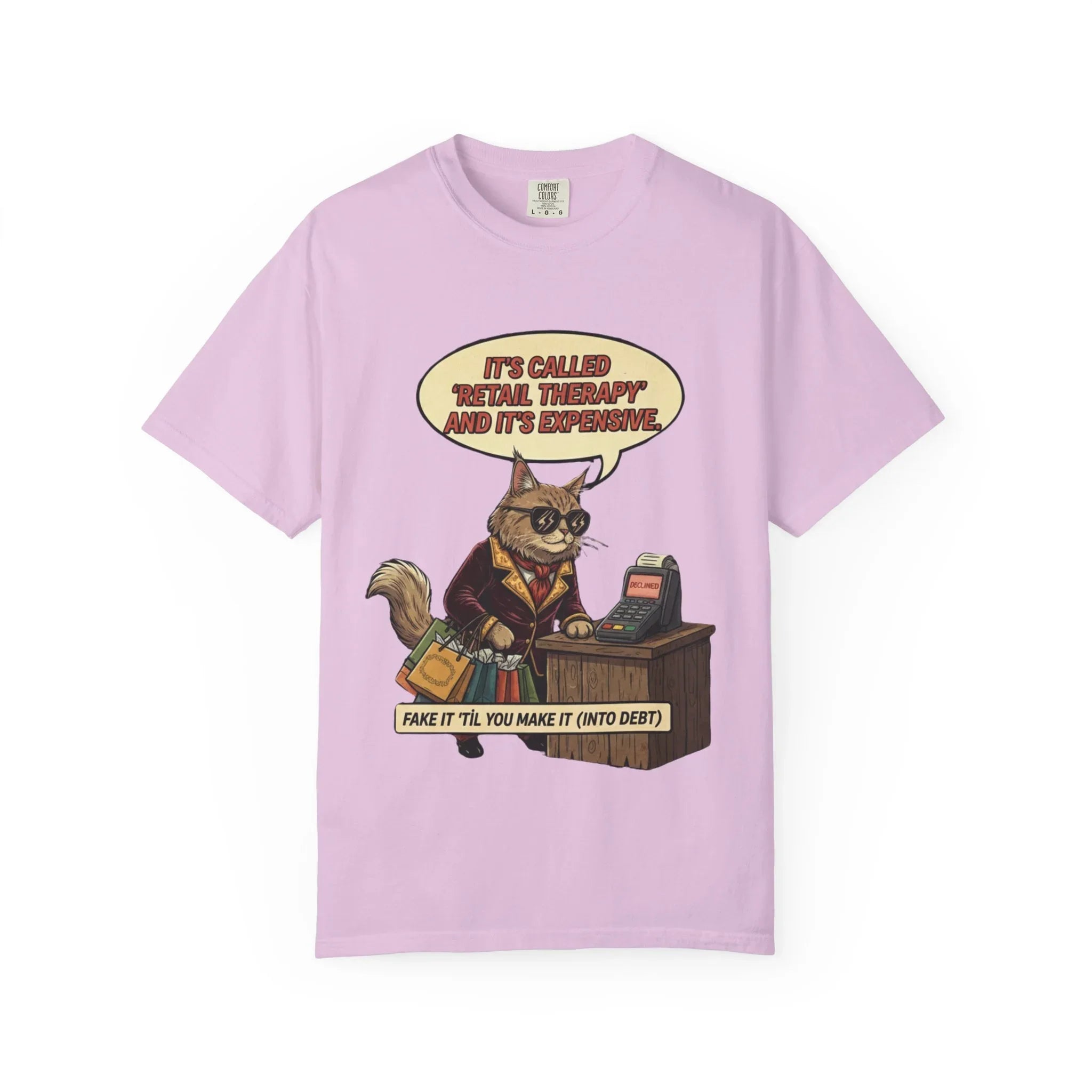 Funny Retail Therapy Cat Shirt - Sarcastic Shopping Meme Sweatshirt - "Declined" Screen Graphic Tee - Relatable Adulting Gift - Cute Cat Lover Sarcastic Apparel Orchid