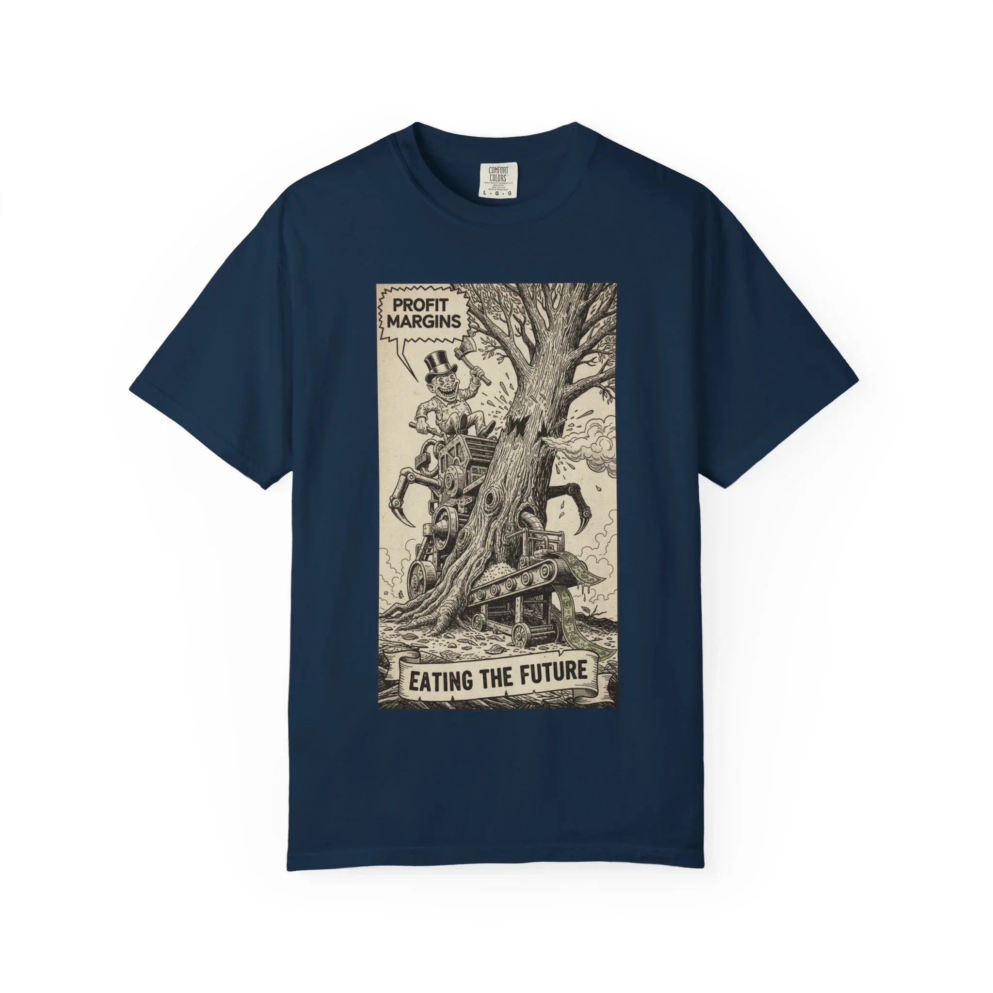 Eating The Future Shirt - Satirical Political Graphic Tee - Vintage Woodcut Eco Activist T-Shirt - Corporate Greed Social Commentary - Environmental Awareness Aesthetic Streetwear True Navy