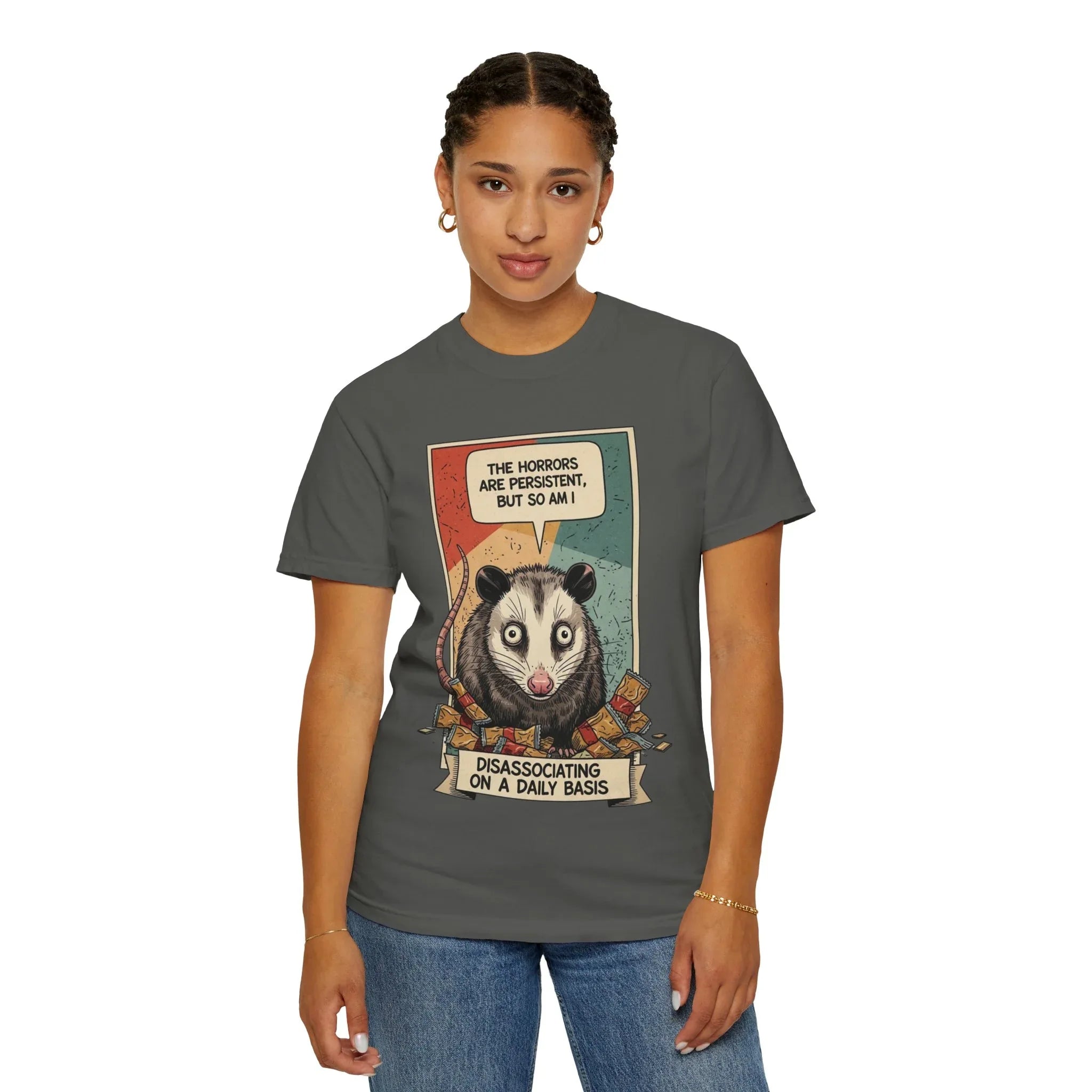 Funny Opossum Shirt - "The Horrors Are Persistent But So Am I" Tee - Mental Health Awareness Gift - Disassociation Meme Sweatshirt - Retro Trash Cat Hoodie