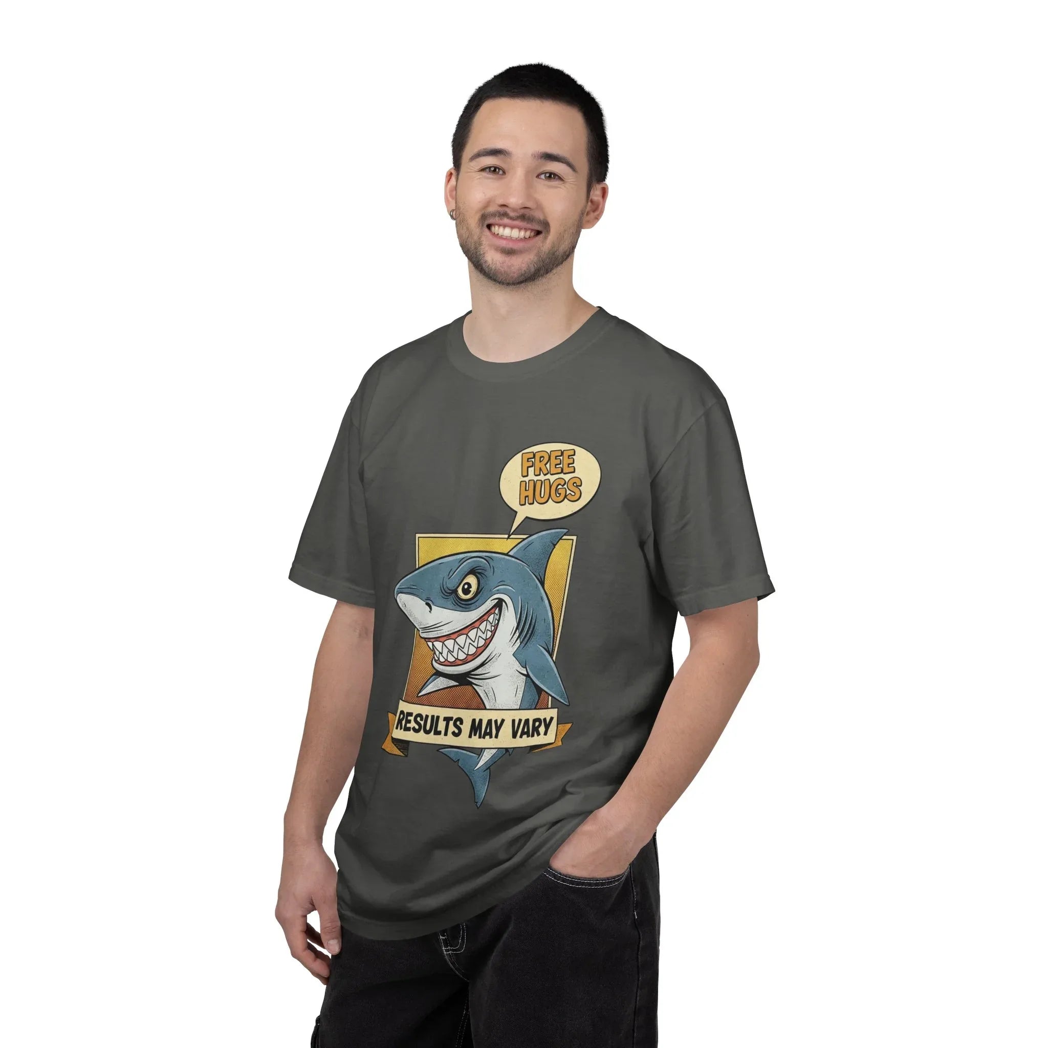 Funny Shark Shirt - "Free Hugs" Sarcastic Vintage Graphic Tee - Results May Vary Dark Humor Gift - Retro Great White Shark Top - Men's & Women's Dad Joke Clothing Pepper