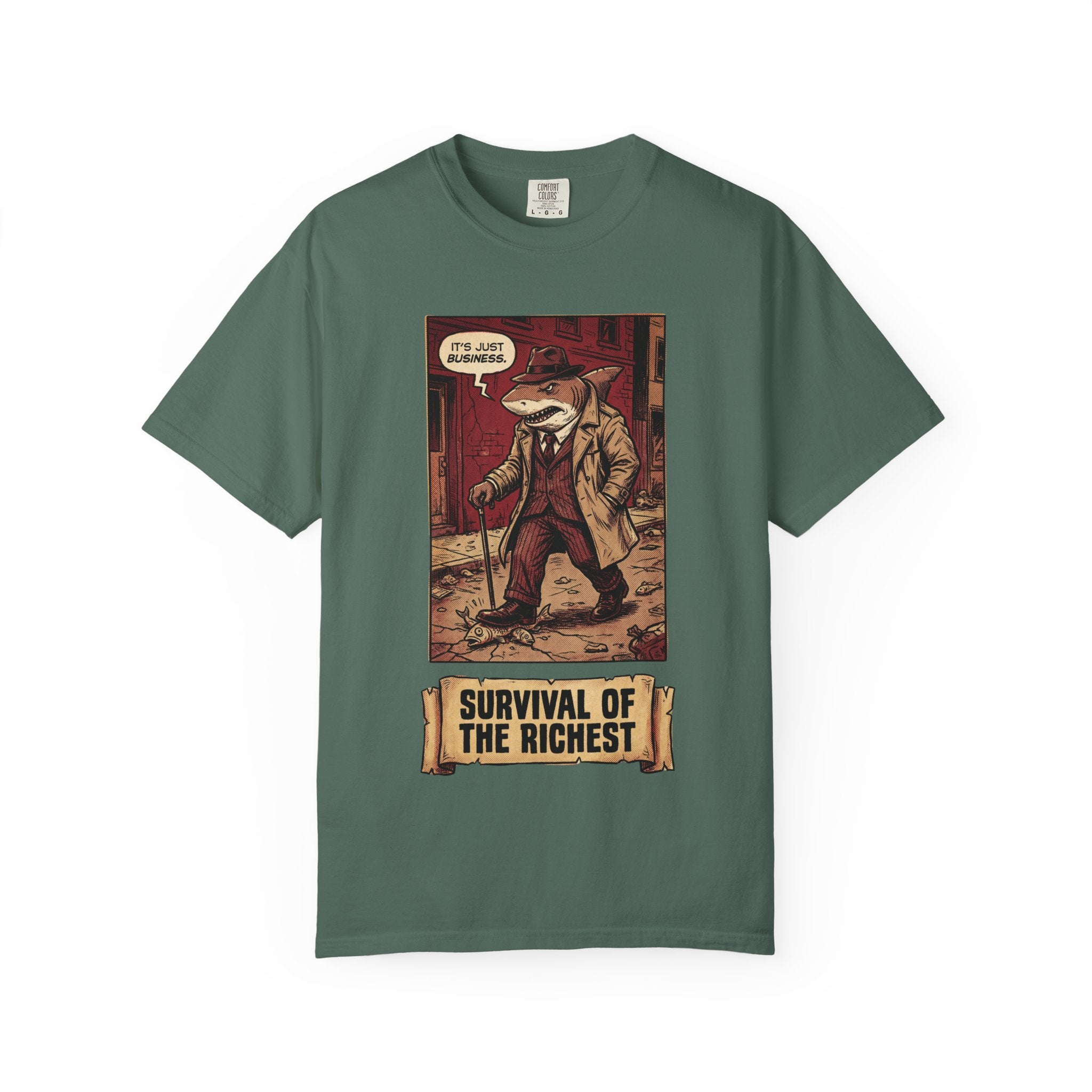 Survival of the Richest Shirt Vintage Business Shark Tee Retro Comic Style Satirical Graphic Top Dark Humor Mafia Art Gift Blue Spruce