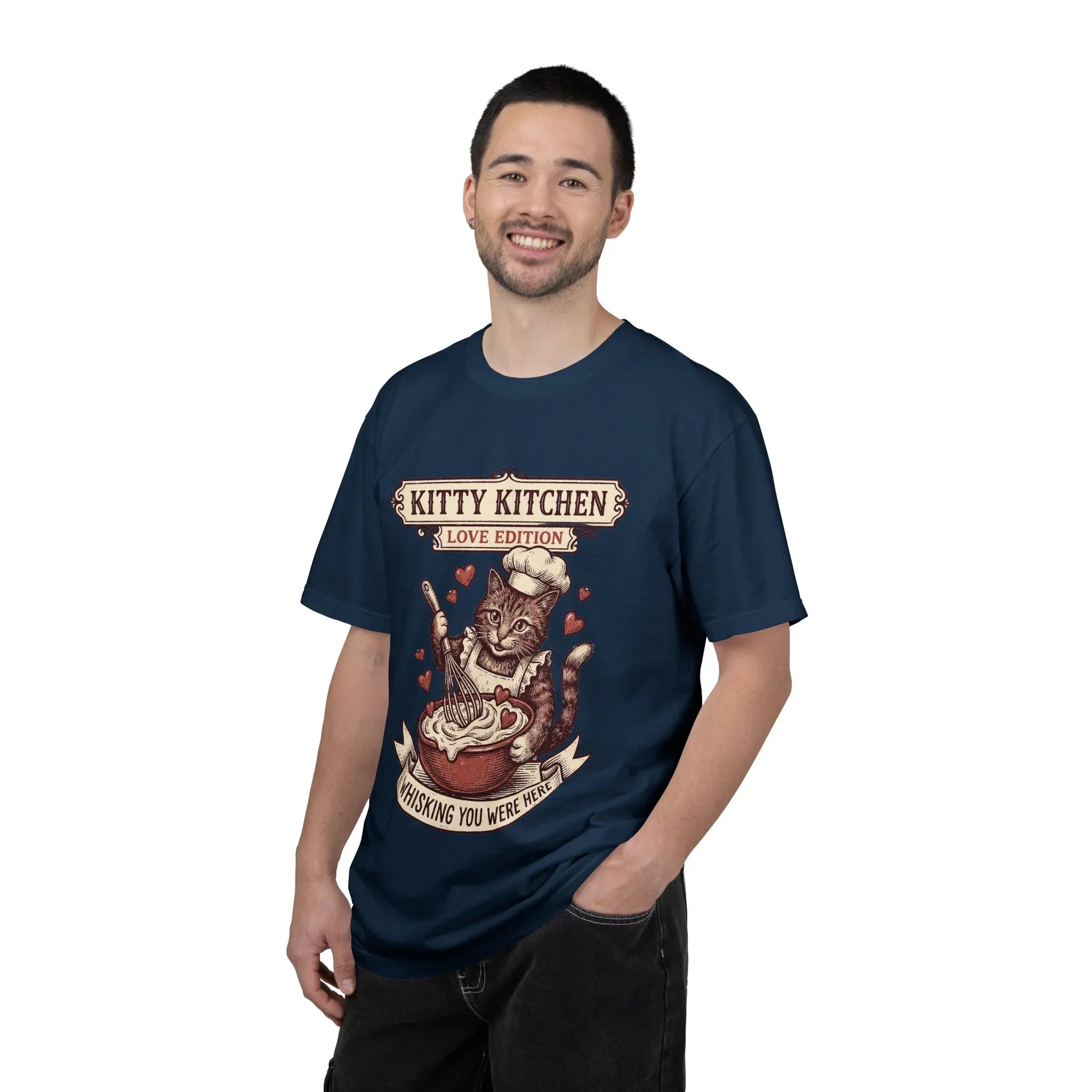 Kitty Kitchen Love T-Shirt | Vintage Cat Chef Whisking You Were Here Graphic Tee