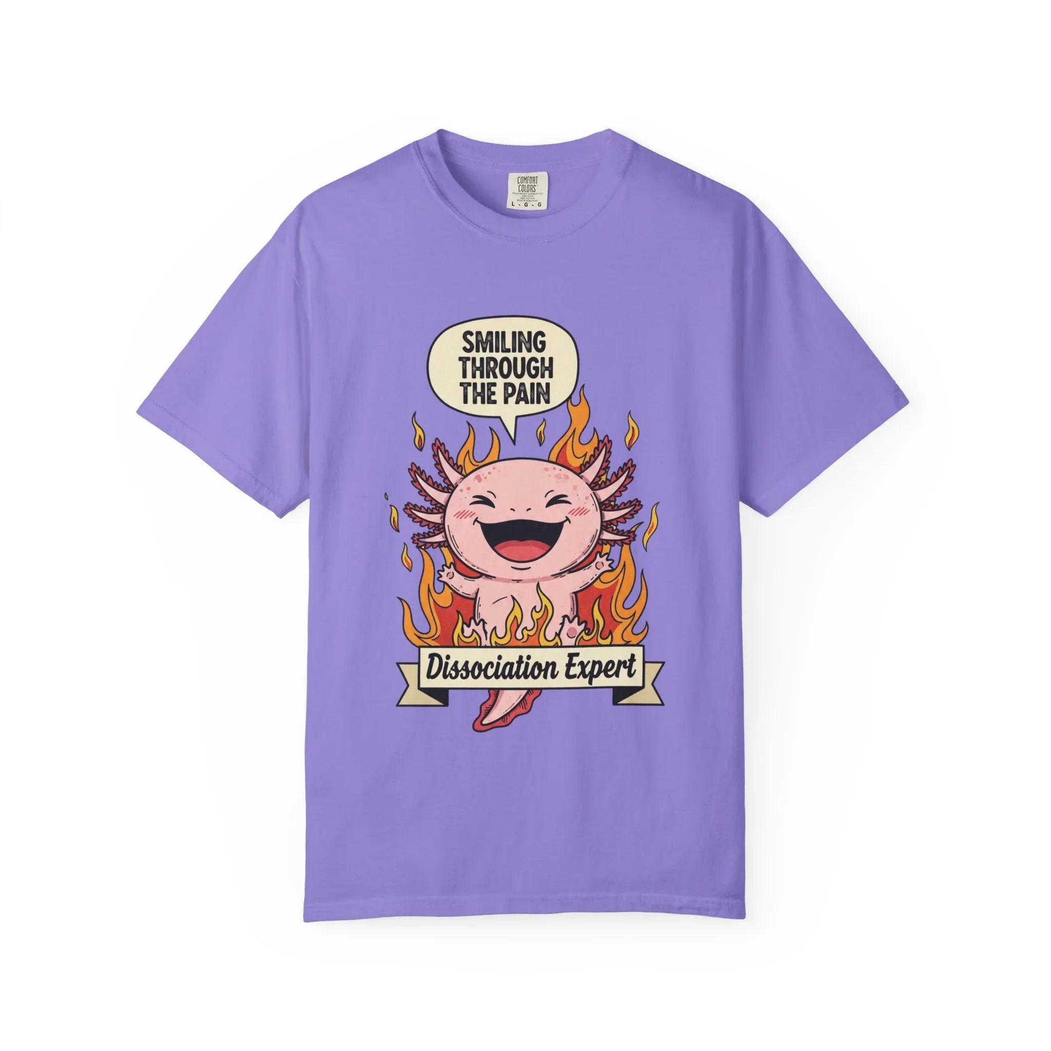 Funny Axolotl Shirt - "Dissociation Expert" Graphic Tee - Smiling Through The Pain Shirt - Mental Health Dark Humor Gift - Vintage Comfort Colors Style Oversized Top Violet