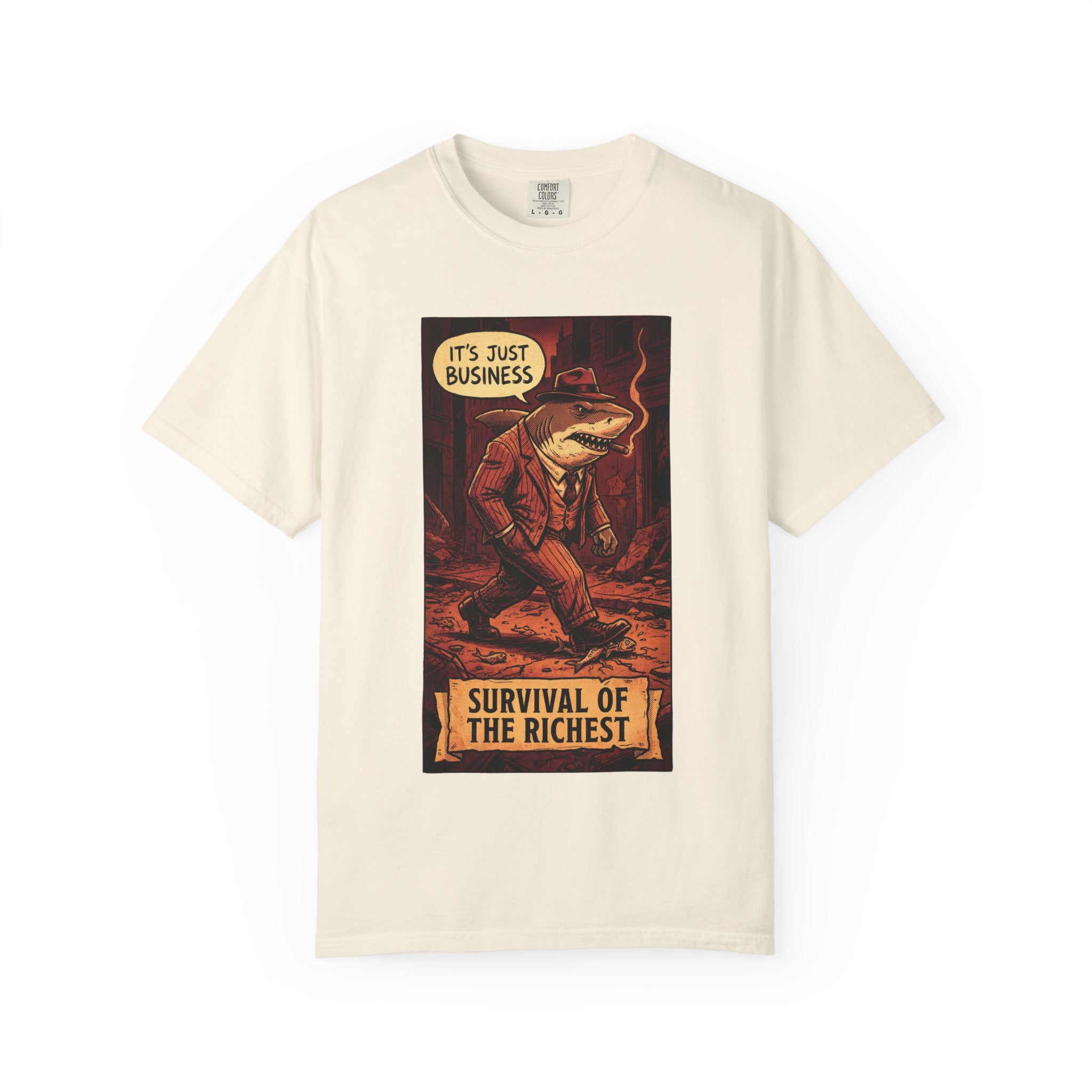 Survival of the Richest Vintage Comic Shirt | Retro Business Shark Satire Tee | Dark Humor Corporate Streetwear Ivory