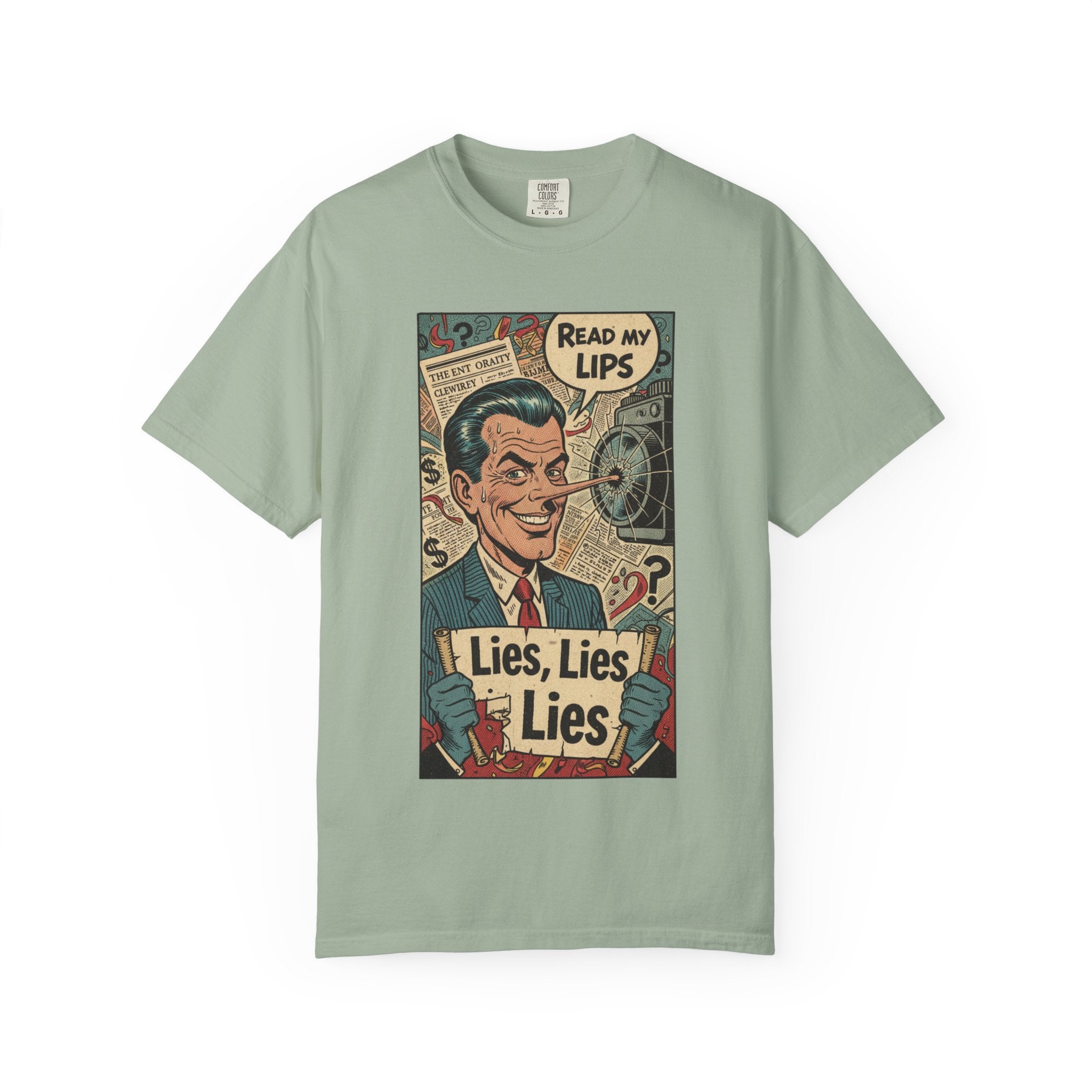 Lies Lies Lies T-Shirt - Read My Lips Satire Tee - Funny Pinocchio Political Shirt - Vintage Comic Graphic - Sarcastic Truth Tee Bay