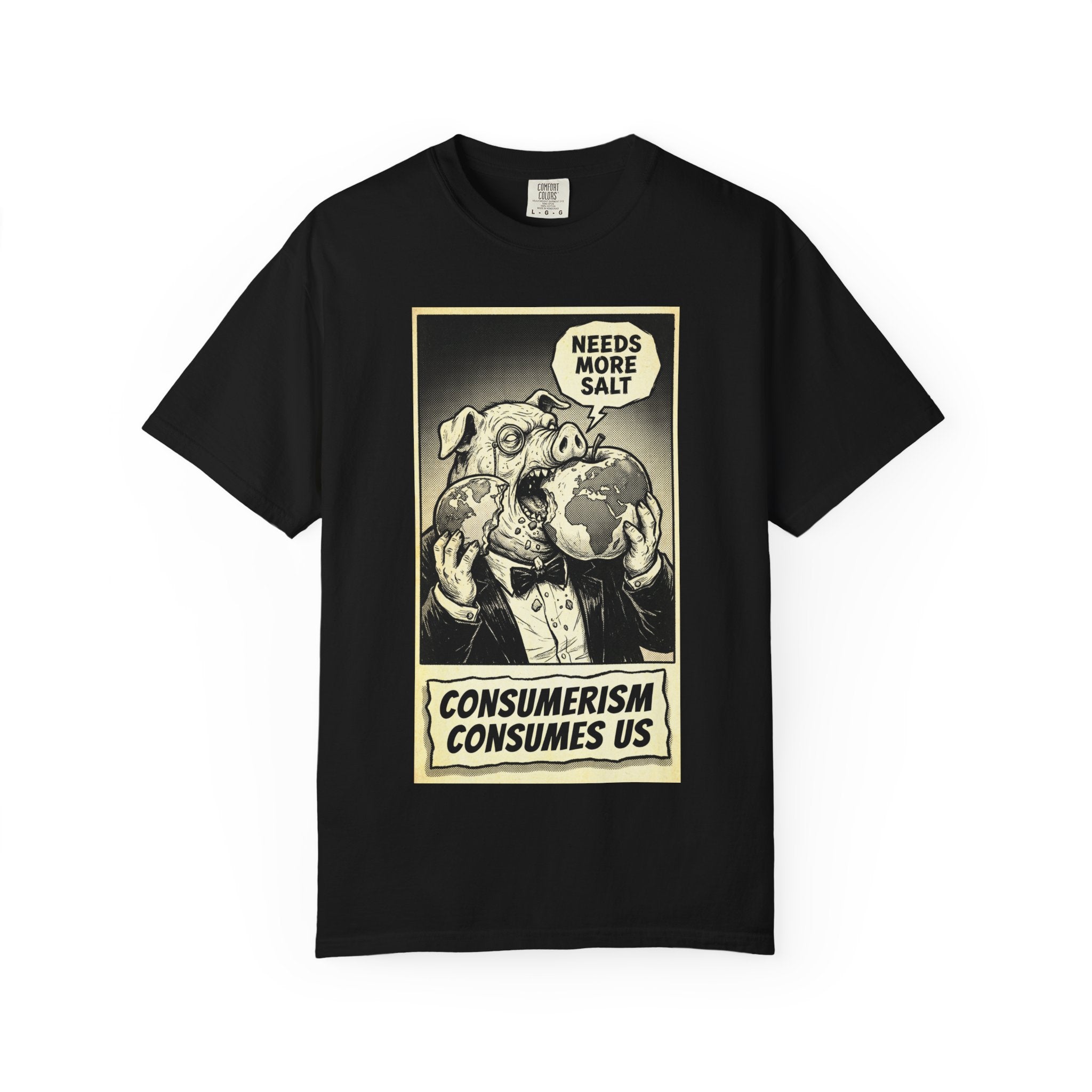 Consumerism Consumes Us T-Shirt | Vintage Satire Corporate Pig Graphic Tee | Anti-Capitalism Activist Apparel Black