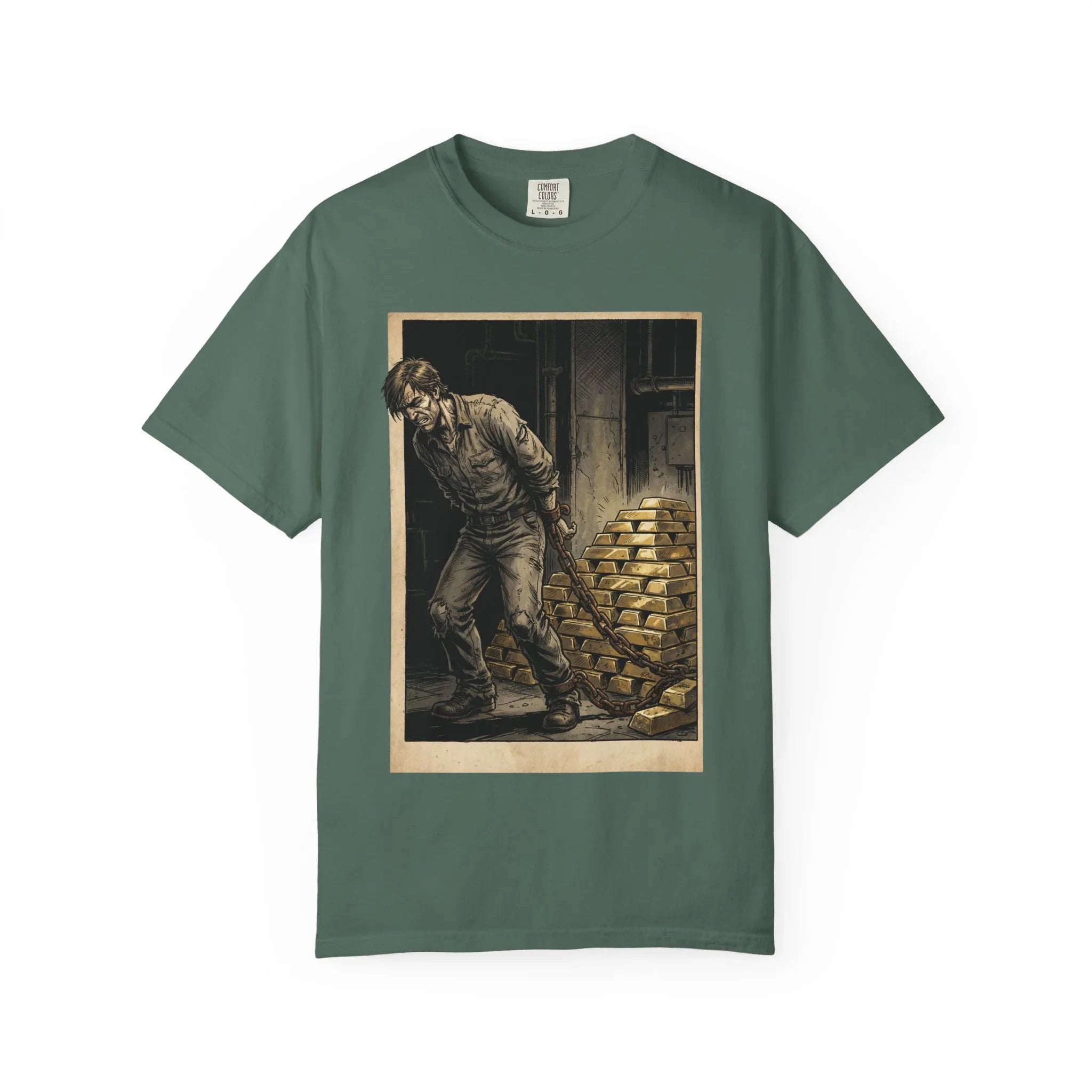 Heavy Gold Chains Satirical Shirt - Gritty Comic Art Tee - "Golden Burden" Wealth Trap Graphic - Vintage Prisoner of Greed Gift - Dark Humor Satire Streetwear Blue Spruce