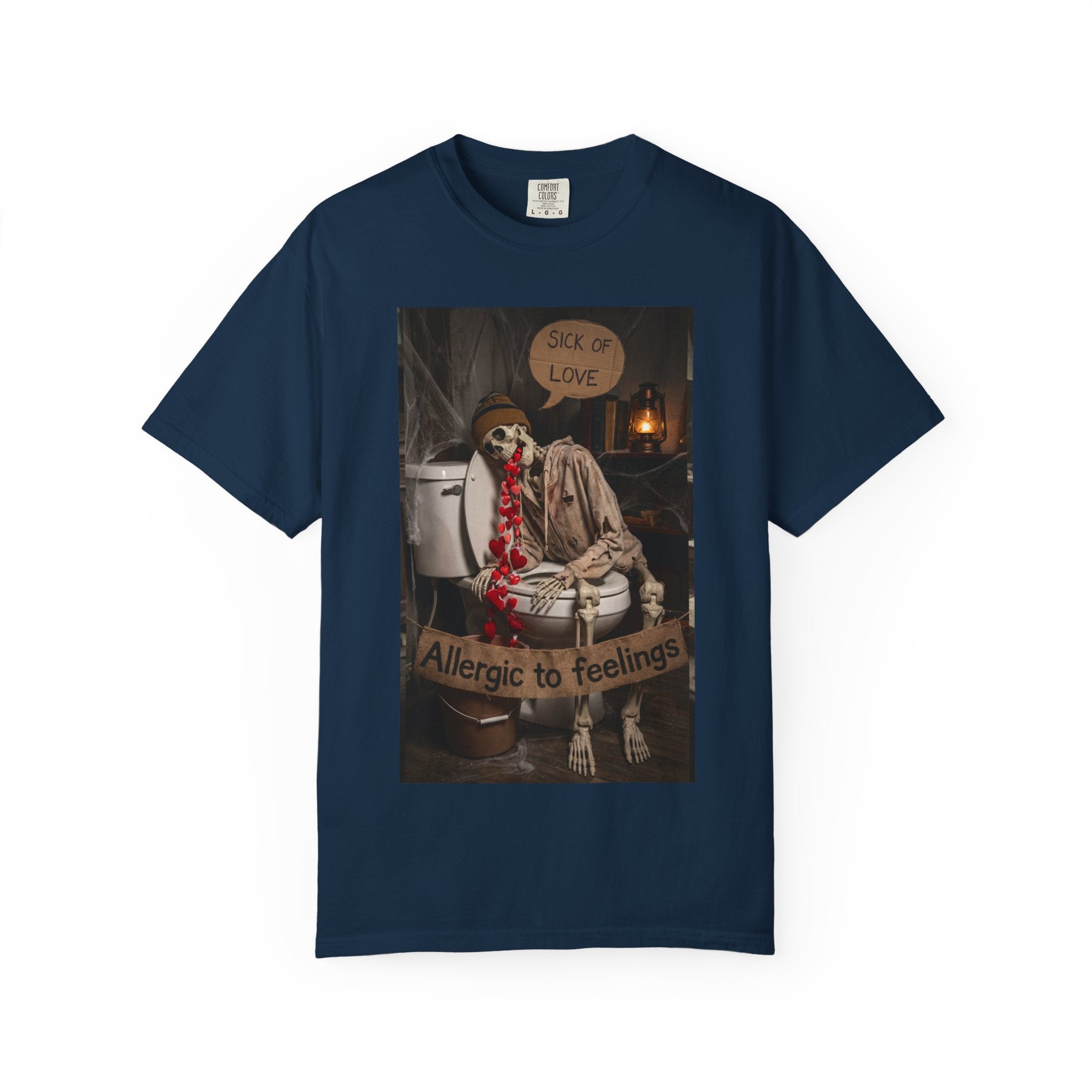 🤮 Sick of Love – Vintage Skeleton Heartbreak Satire & Grunge Streetwear Vintage Skeleton Graphic Tee - Sick of Love Dark Humor Streetwear True Navy