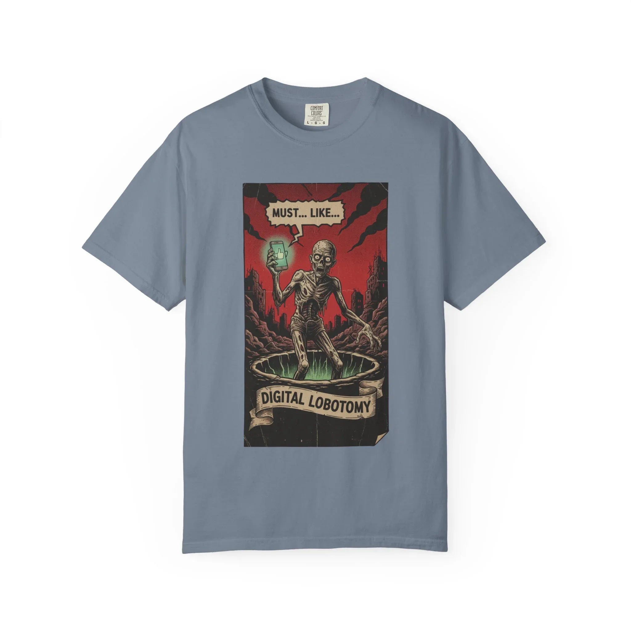Digital Lobotomy Shirt - Vintage Horror Zombie T-Shirt - Social Media Satire Tee - Retro Comic Style Graphic Shirt - Smartphone Addict Dark Humor Gift - Tech Skeptic Streetwear Blue Jean