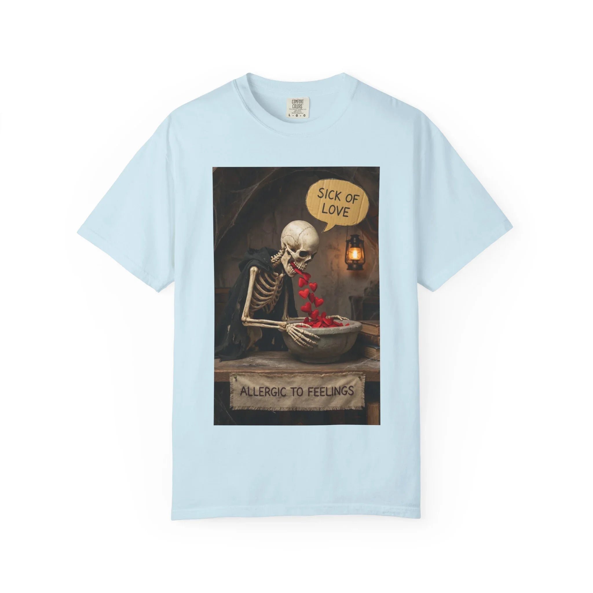 Sick of Love" Allergic To Feelings Vintage Skeleton T-Shirt - Premium Dark Humor Apparel Chambray