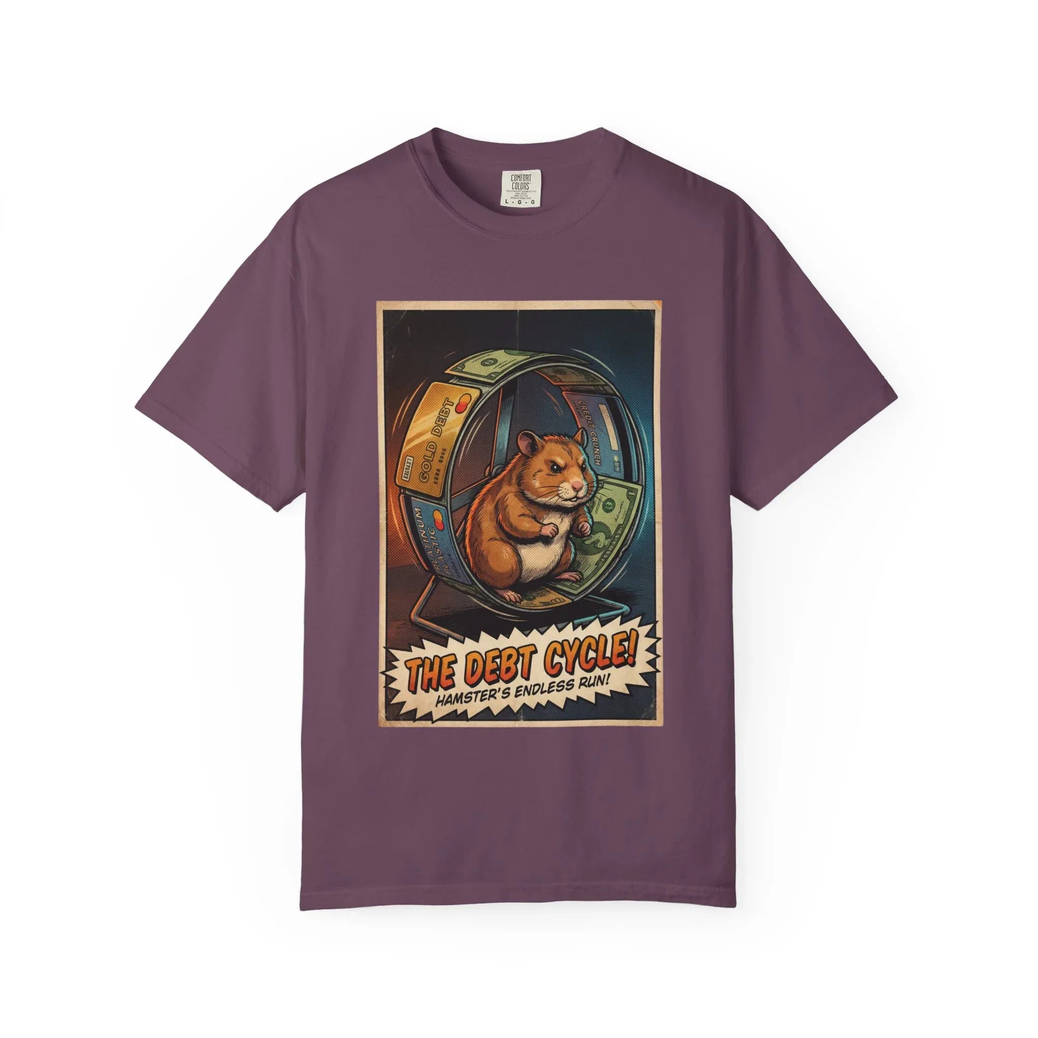 Funny Debt Cycle Hamster Shirt - Retro Comic Satire T-Shirt - Financial Humor Graphic Tee - Vintage Credit Crunch Money Art - Sarcastic Credit Card Debt Gift Berry