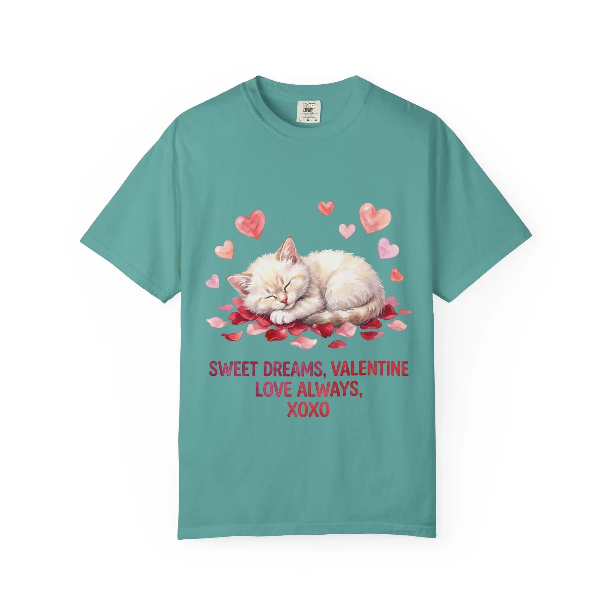 Sweet Dreams Valentine Kitten T Shirt Cute Sleeping Cat Hearts Watercolor Cozy Aesthetic Gift for Cat Lovers Soft VintageCotton Romantic Tee Seafoam